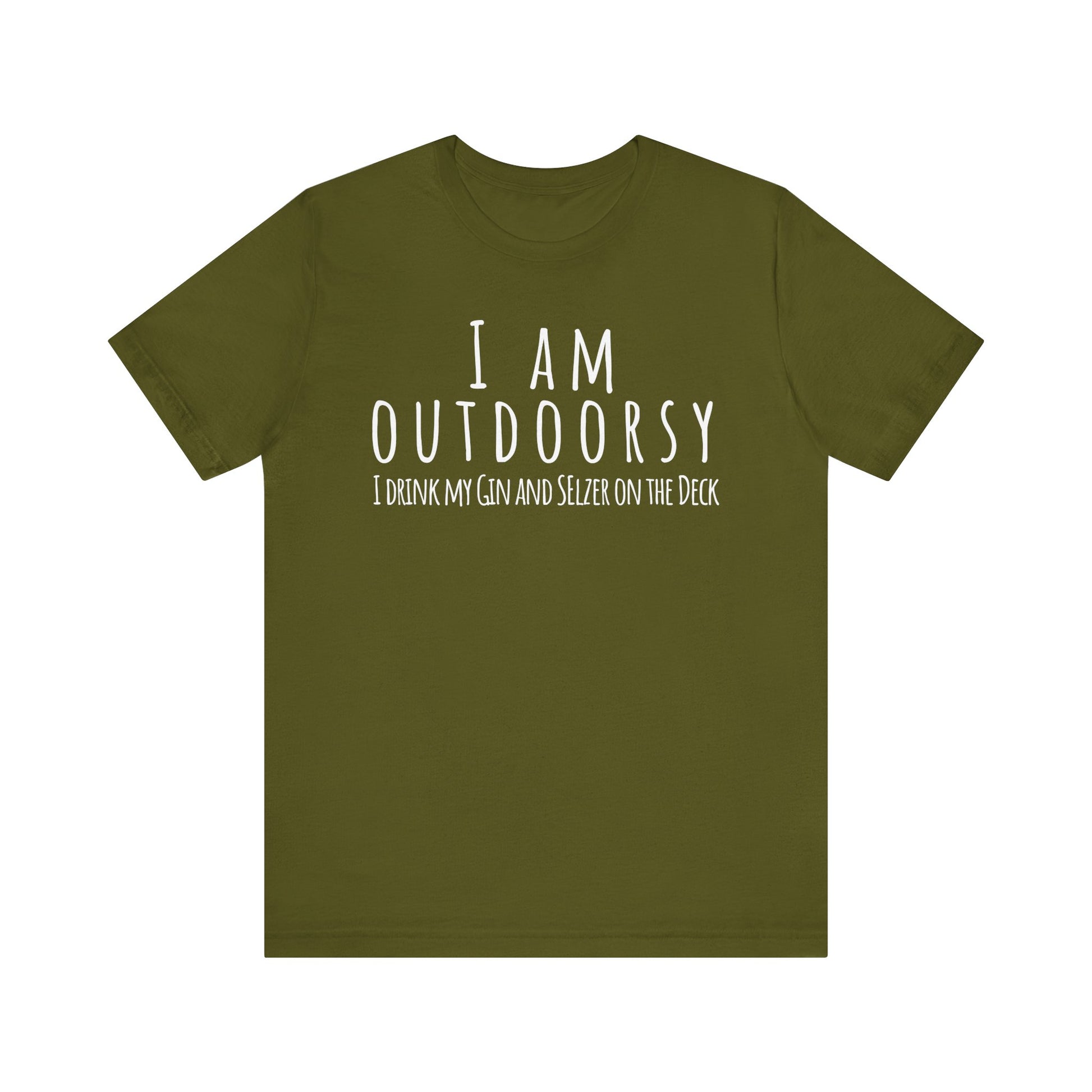 Green t-shirt with white text on a white background