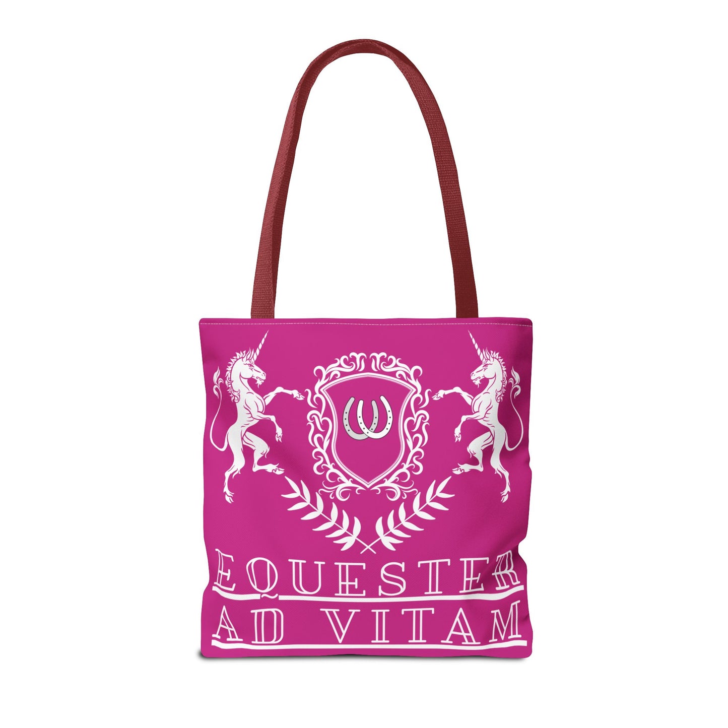 Pink tote bag with unicorn design and text on a white background