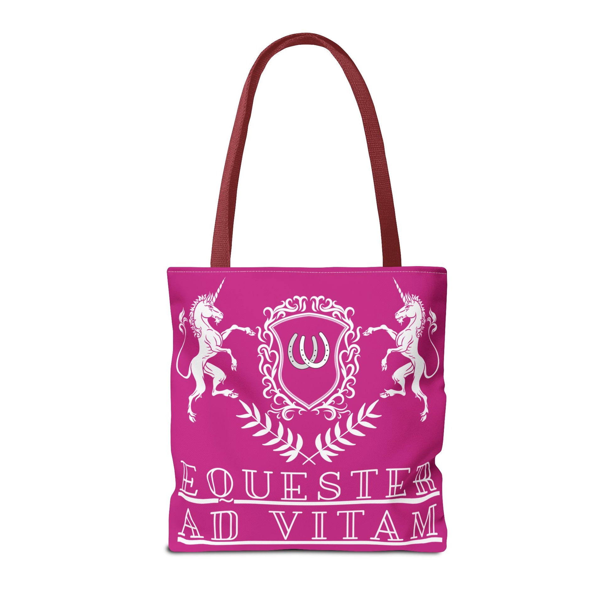 Pink tote bag with unicorn design and text on a white background