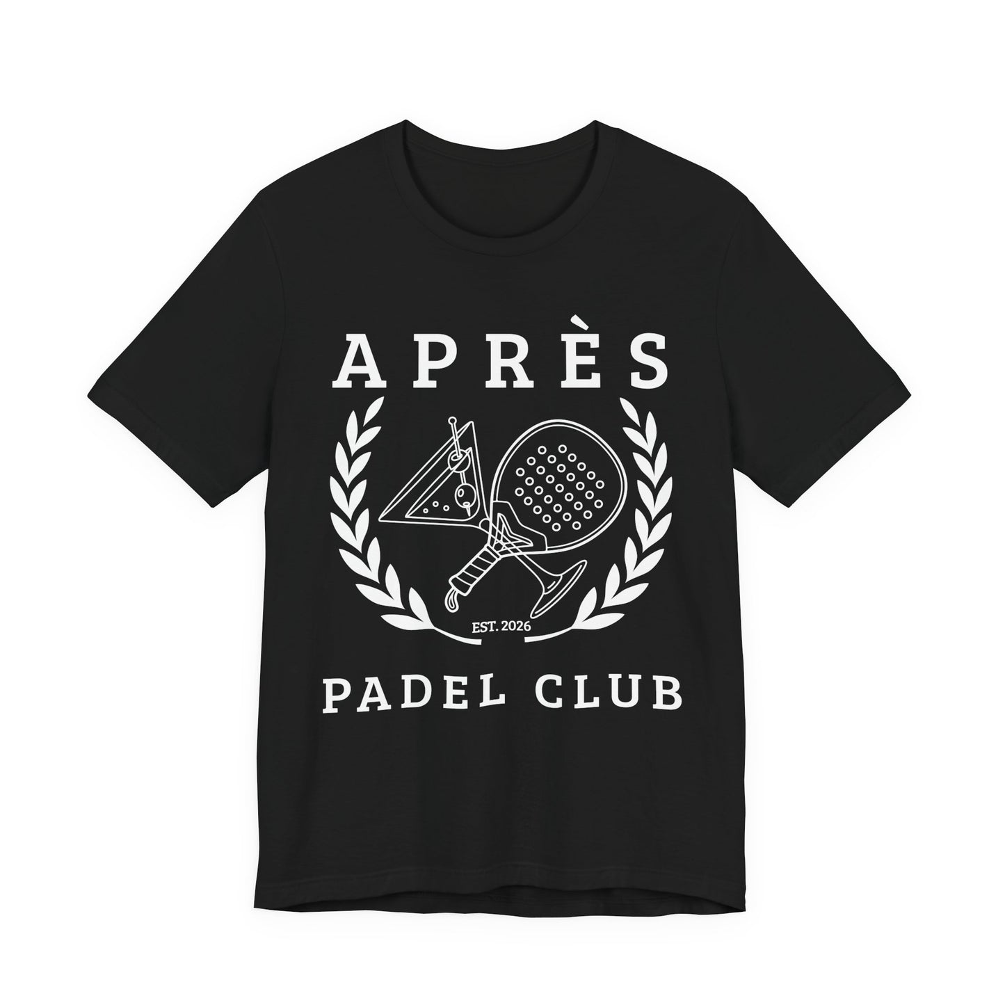 Padel Club Shirt Black t-shirt with white 'Ap
es Padel Club' design featuring paddle tennis rackets and laurel wreath on a white background.