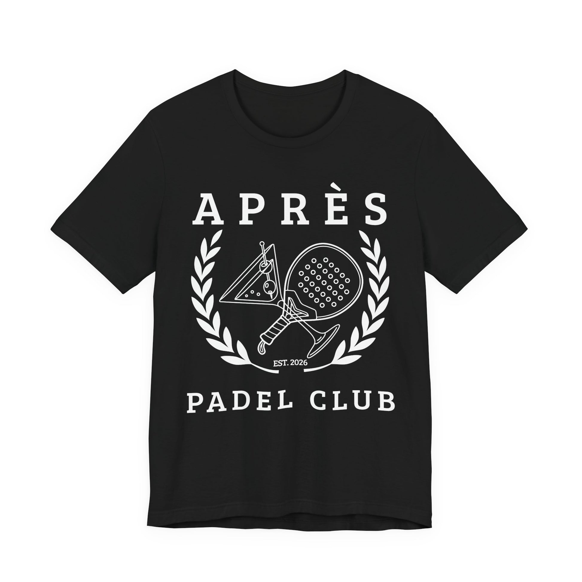 Padel Club Shirt Black t-shirt with white 'Ap
es Padel Club' design featuring paddle tennis rackets and laurel wreath on a white background.