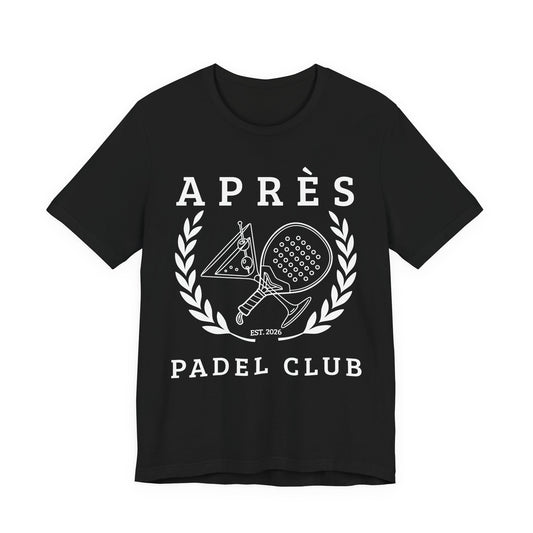 Padel Club Shirt Black t-shirt with white 'Ap
es Padel Club' design featuring paddle tennis rackets and laurel wreath on a white background.