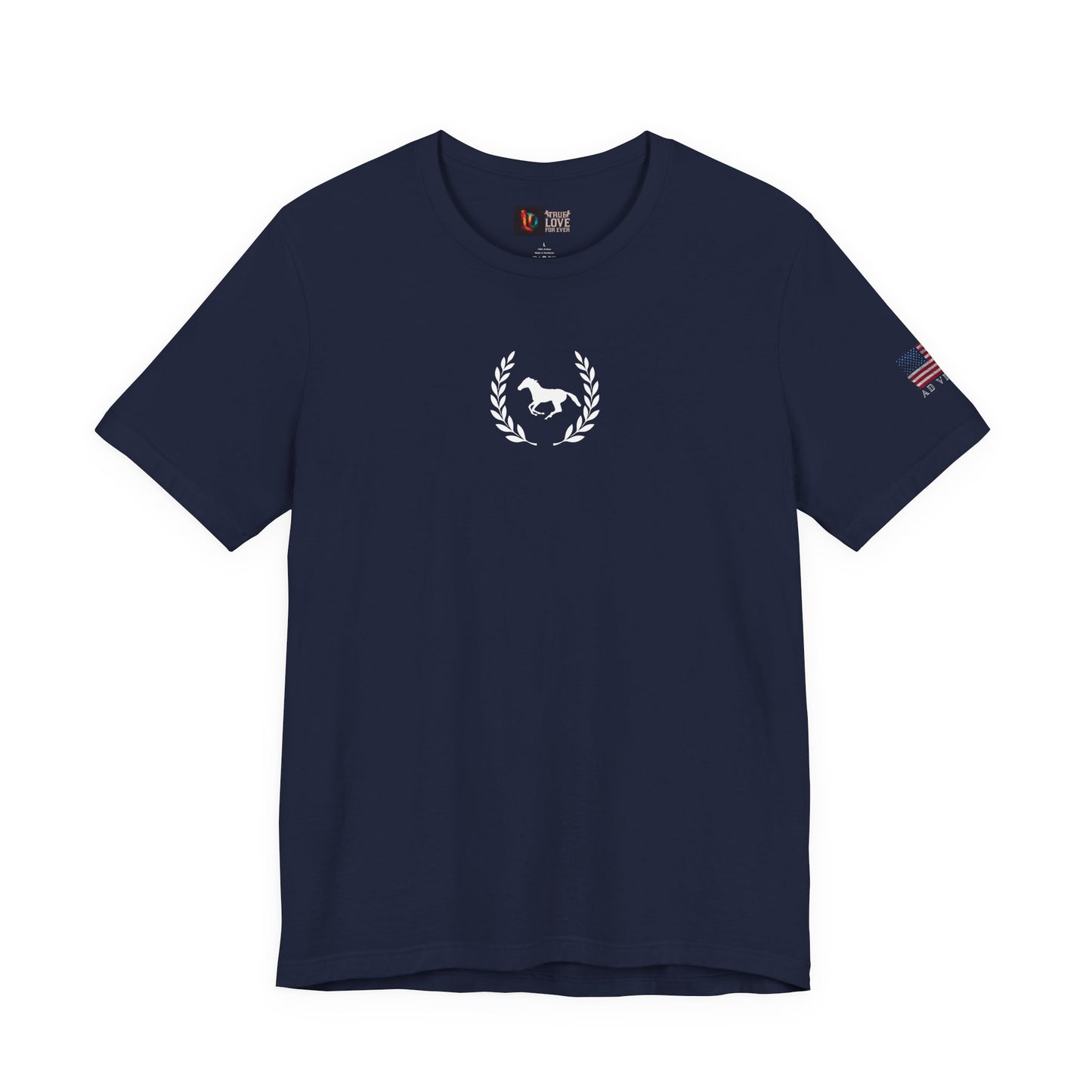Navy blue t-shirt with a white emblem on a white background