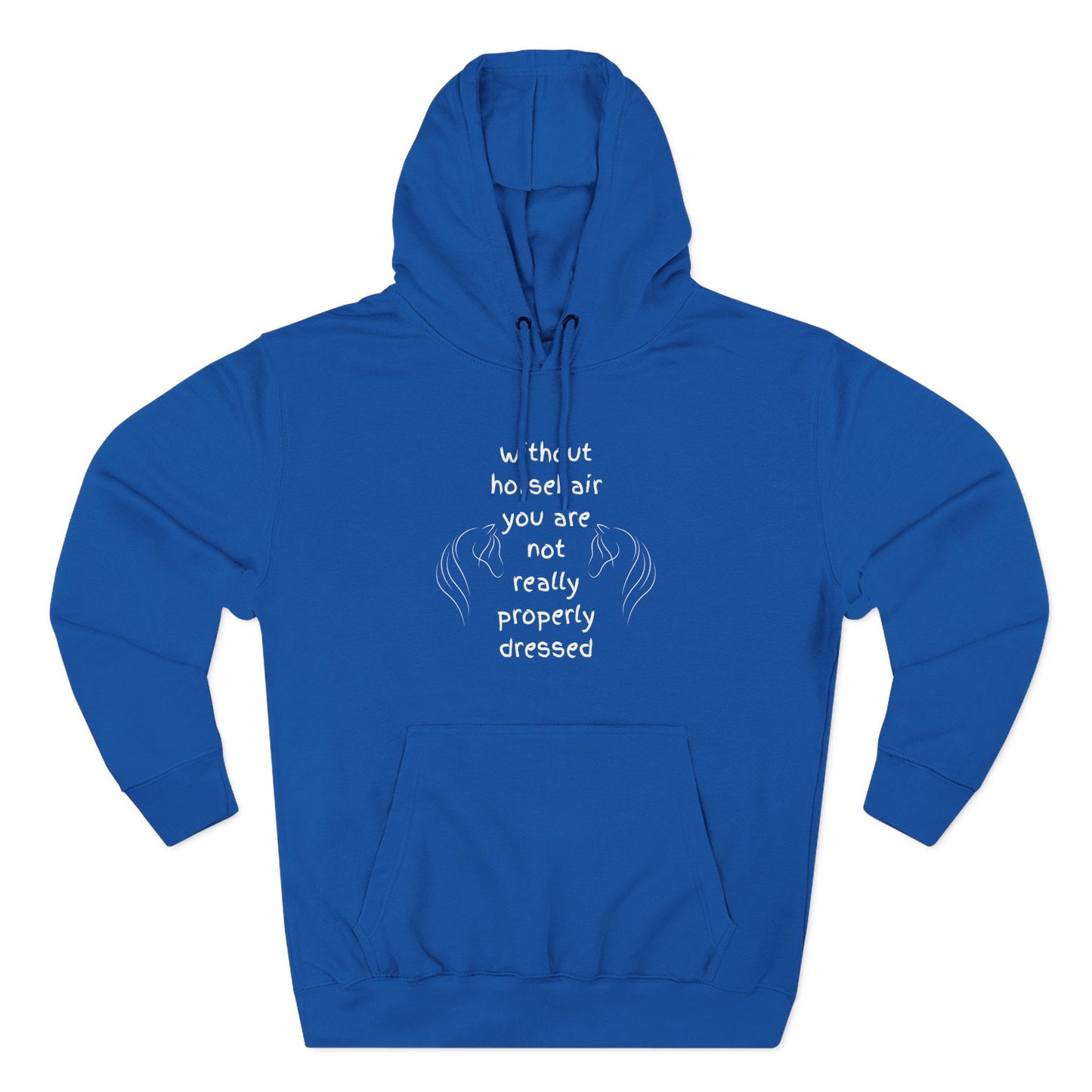 Blue hoodie with white text and design on a white background
