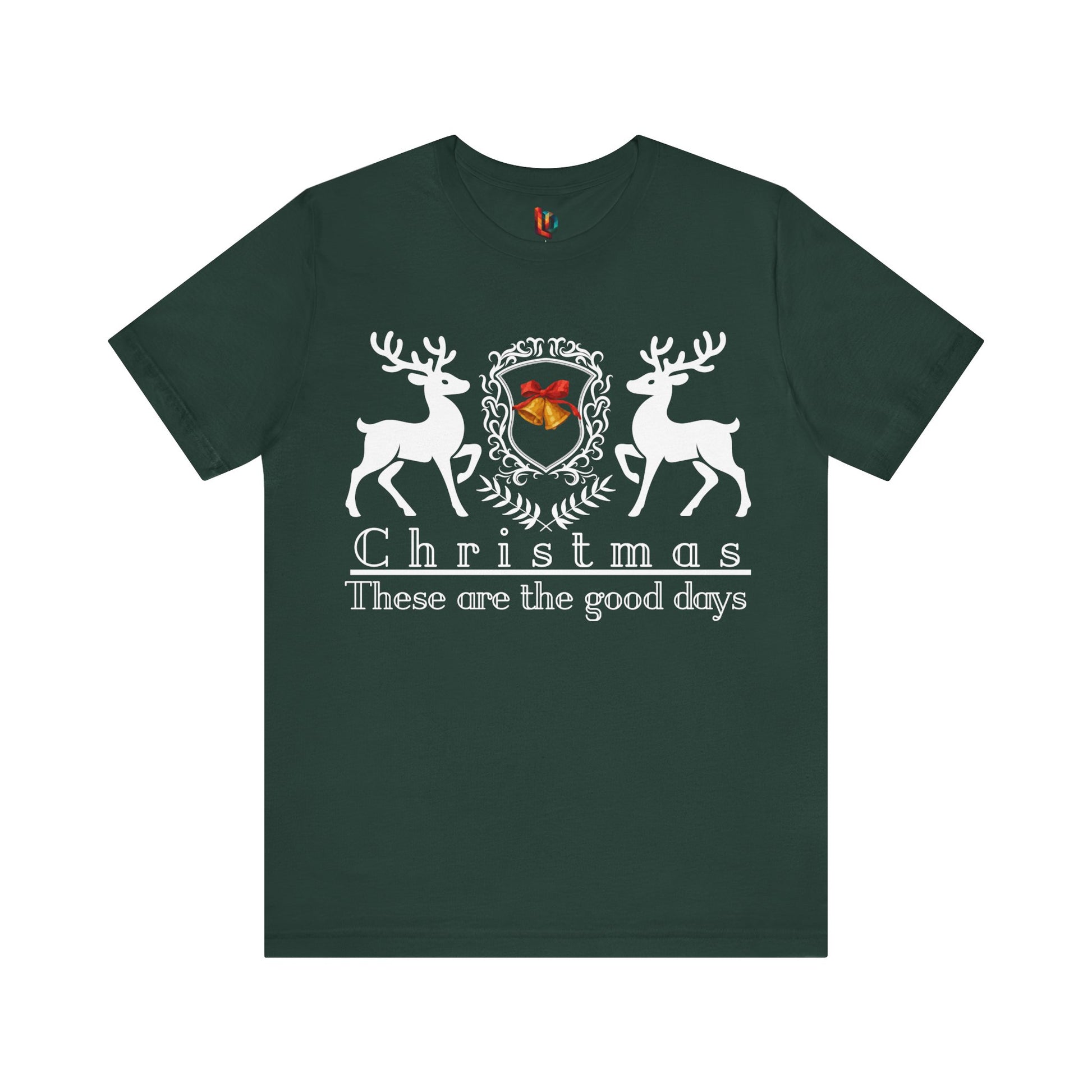 Green t-shirt with Christmas design featuring two deer and a crest on a white background