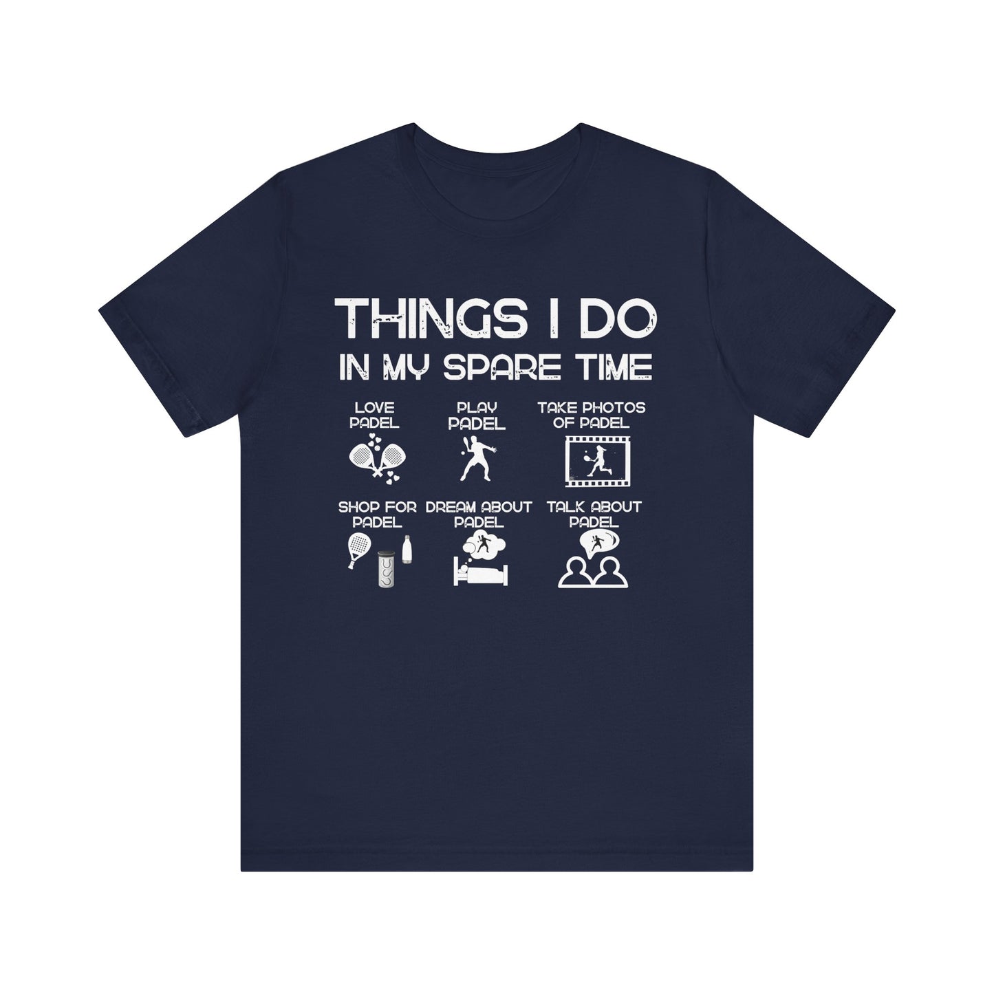 Navy blue t-shirt with white text and icons on a white background