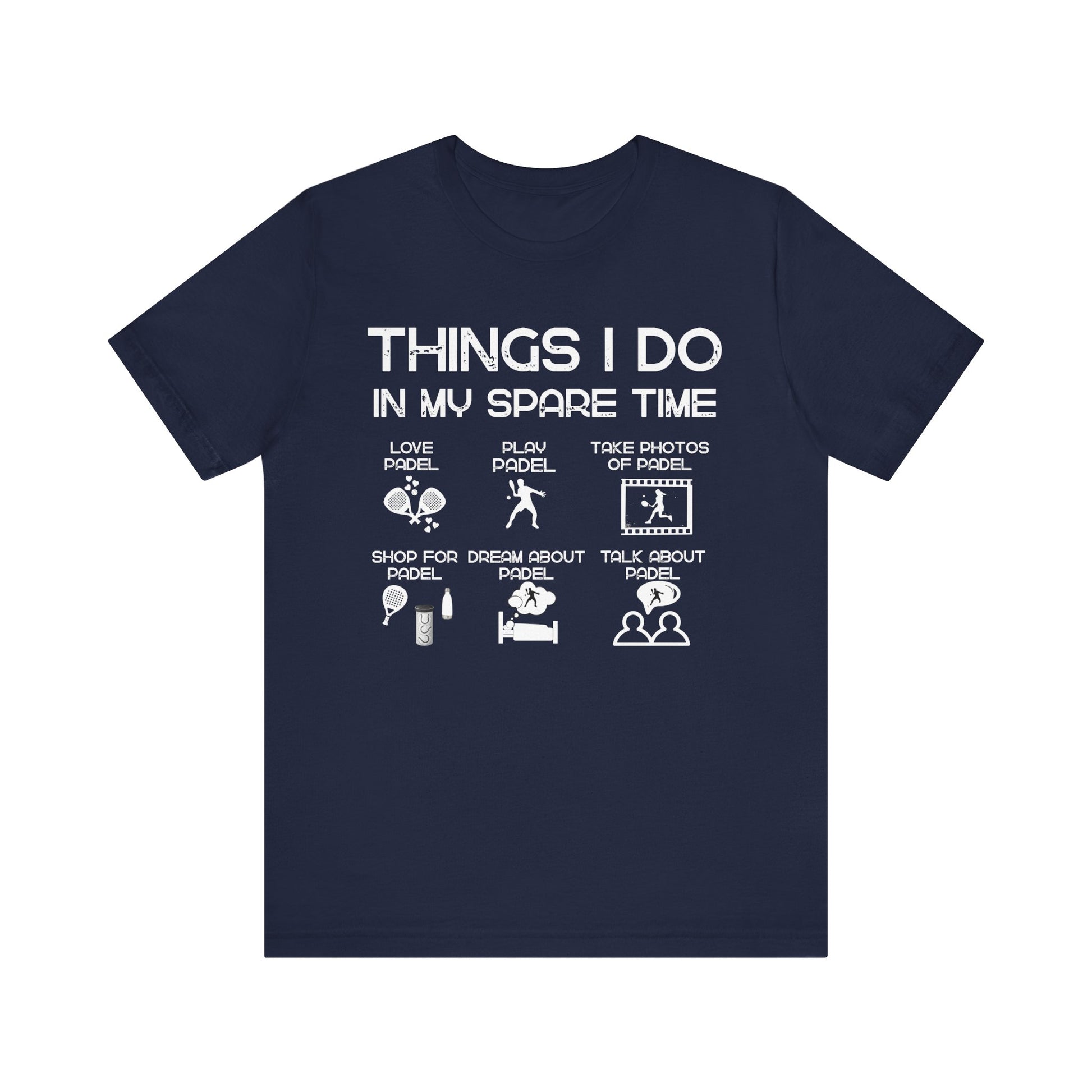 Navy blue t-shirt with white text and icons on a white background