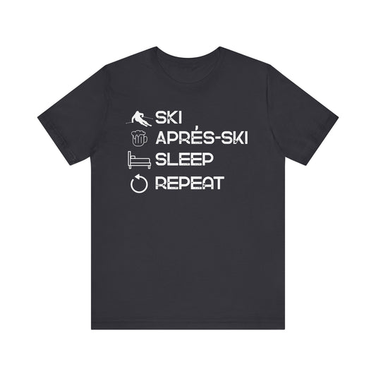 Black t-shirt with white text and icons on a white background
