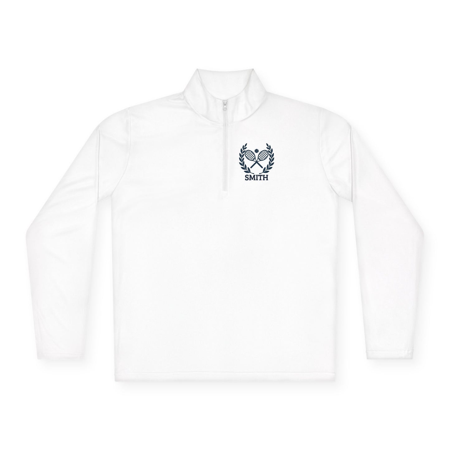 Personalized women tennis sweater White long-sleeve shirt with a logo on the chest against a white background