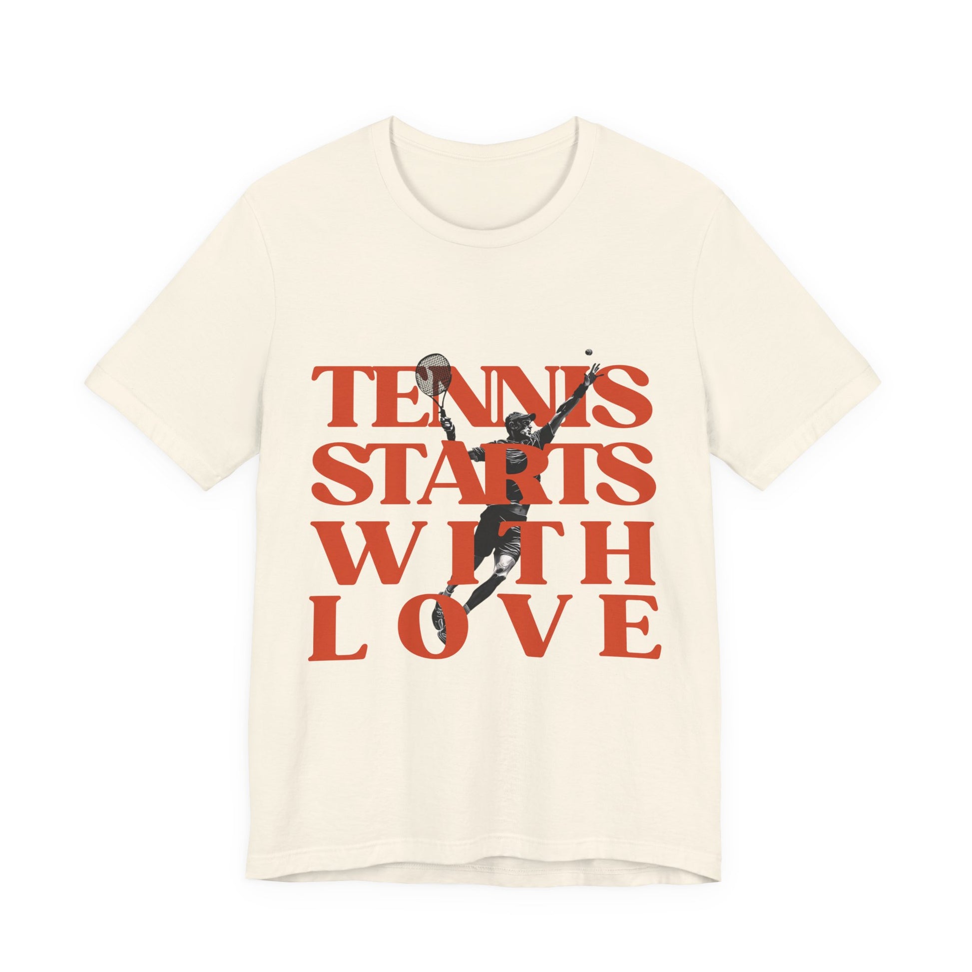 Beige t-shirt with red text 'Tennis Starts With Love' and a graphic of a tennis player on a white background