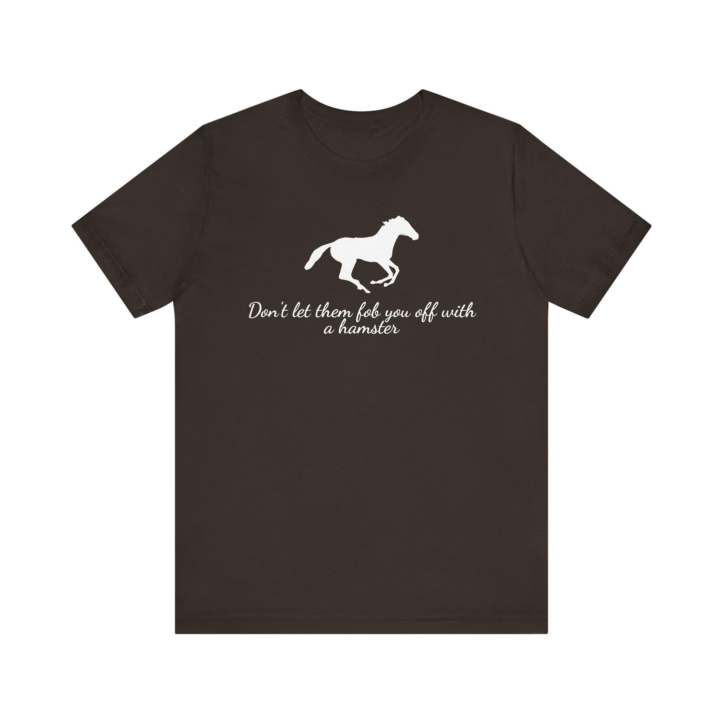Brown t-shirt with white horse graphic and text on a white background