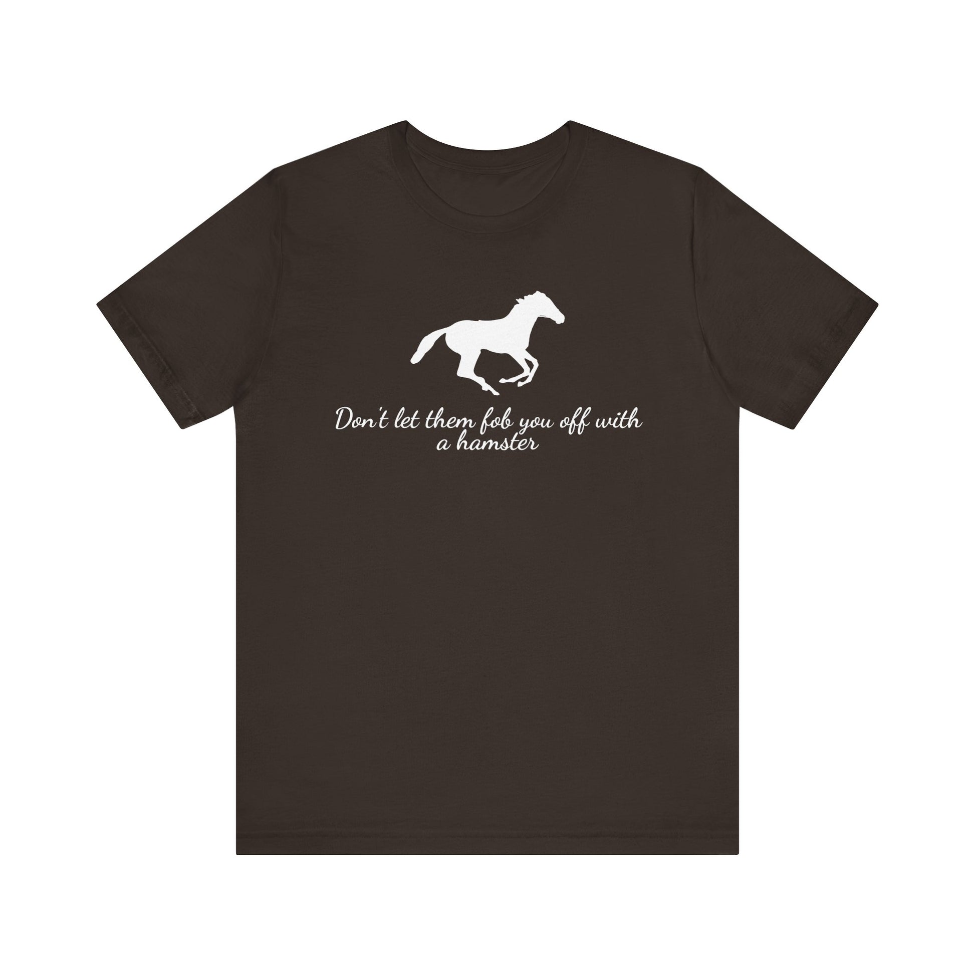 Brown t-shirt with white horse graphic and text on a white background