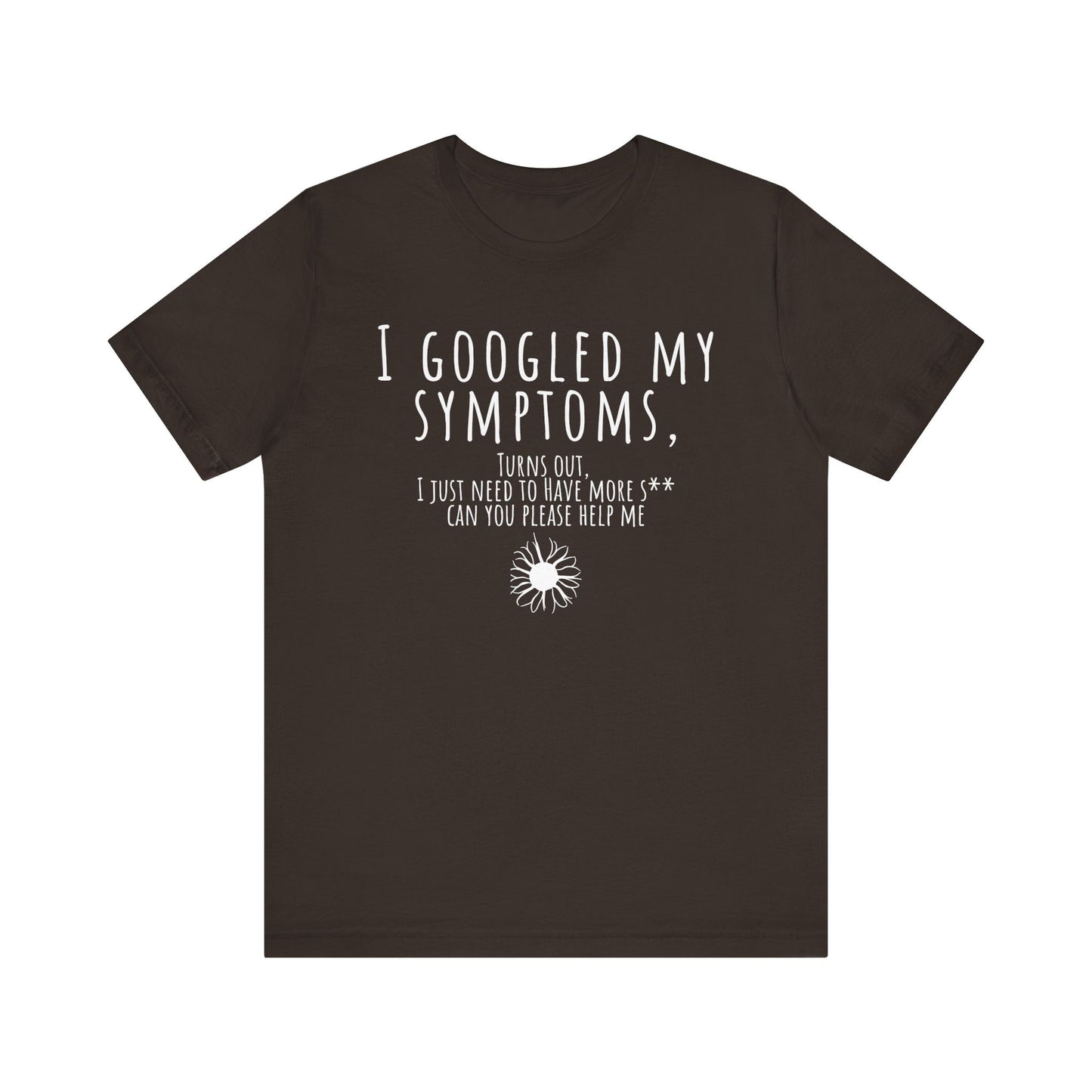 Brown t-shirt with white text and graphic on a white background