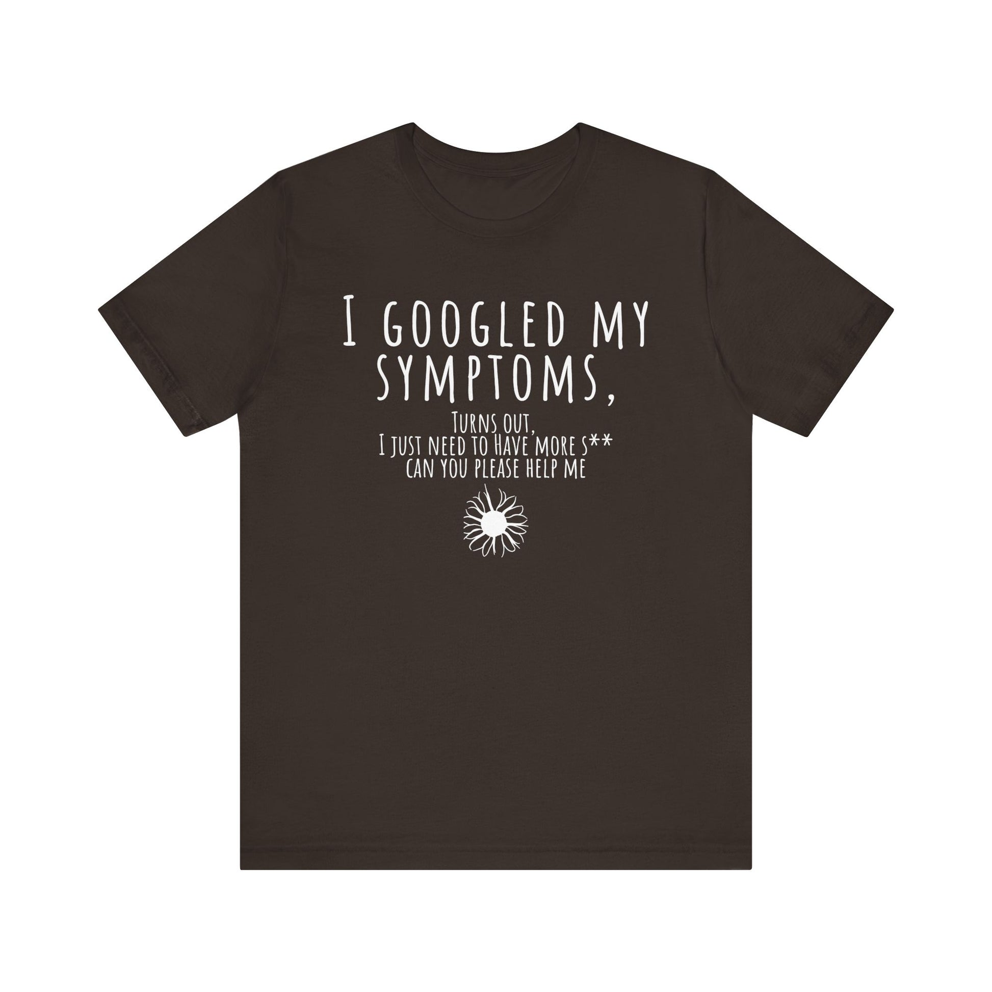 Brown t-shirt with white text and graphic on a white background