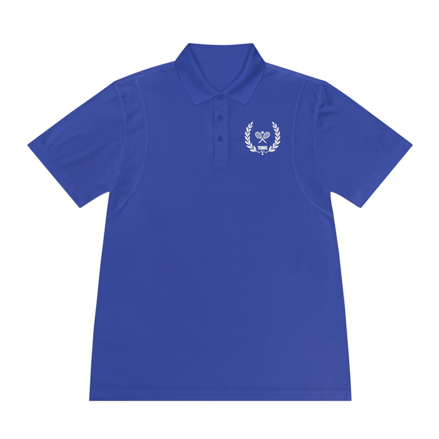 Blue polo shirt with a white emblem on a white background