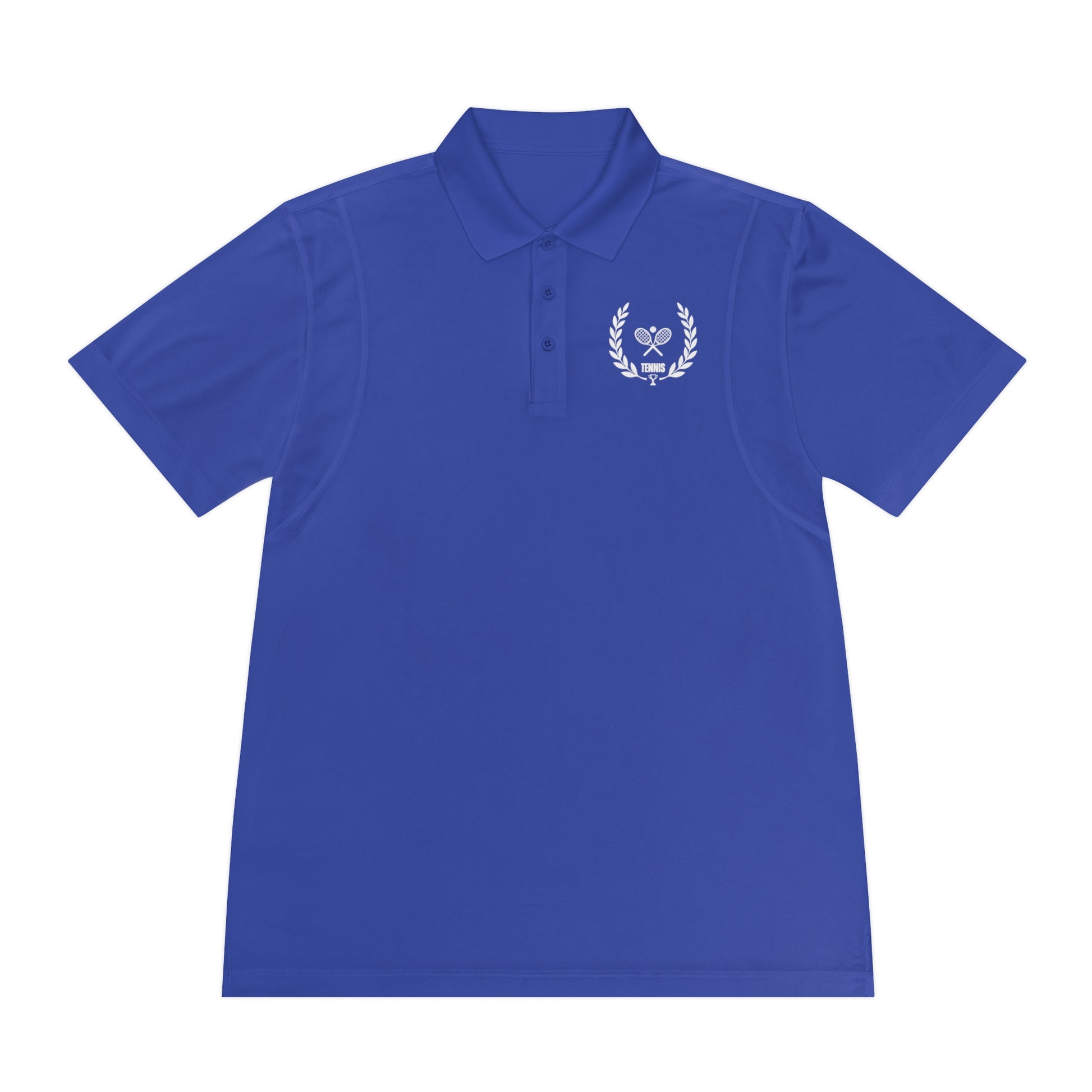 Blue polo shirt with a white emblem on a white background