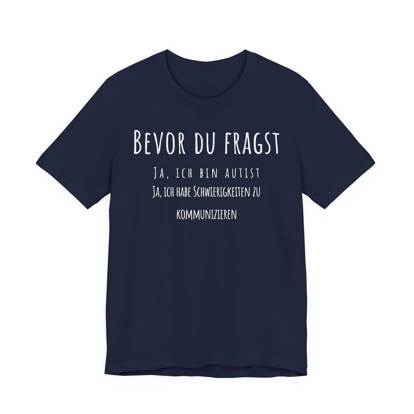 Navy blue t-shirt with white text on a white background