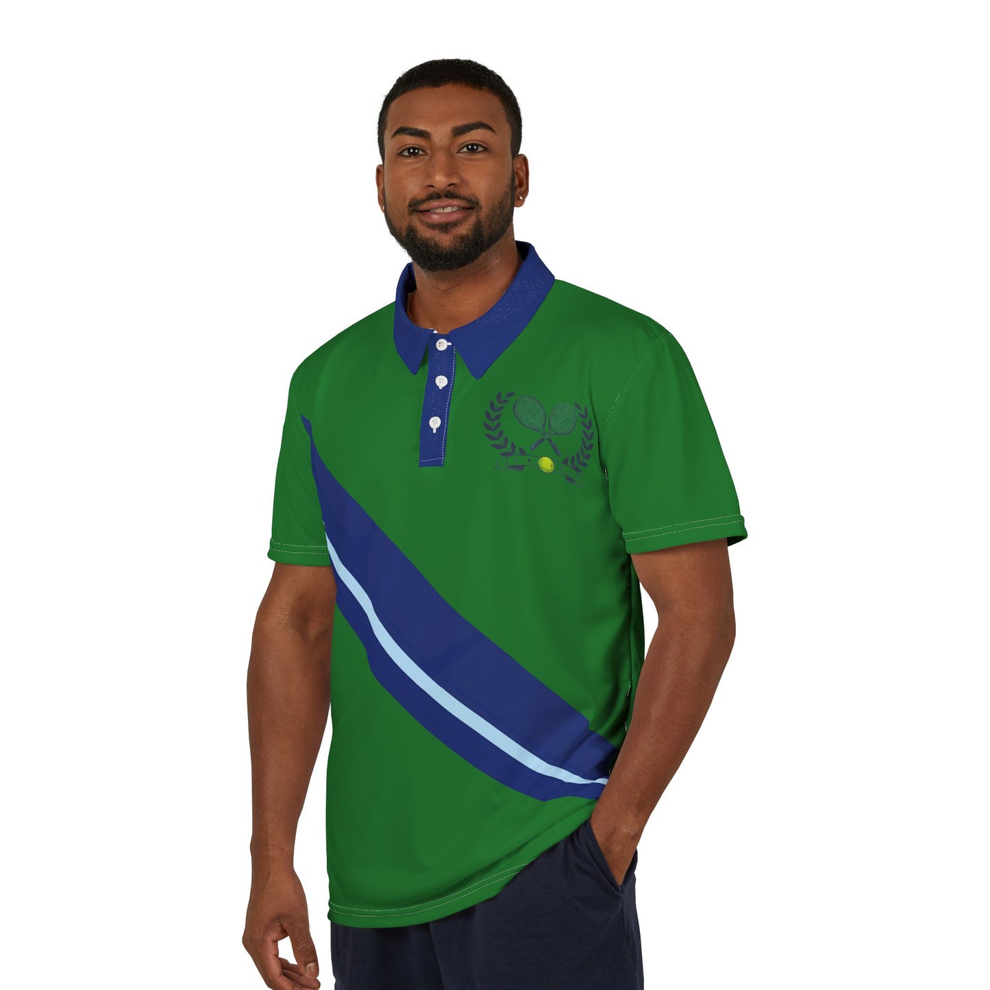 Man wearing a green polo shirt with blue accents on a white background