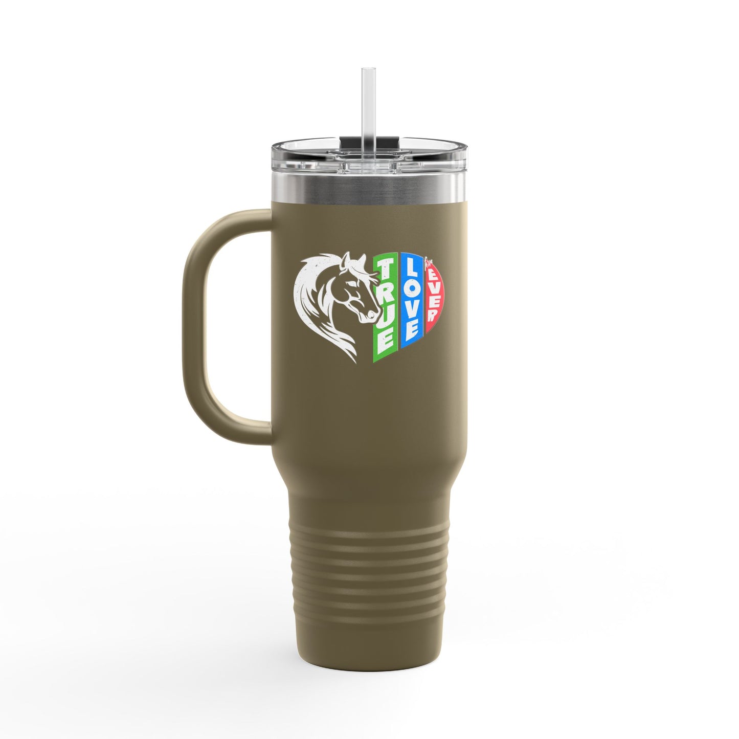 Olive green travel mug with a logo on a white background
