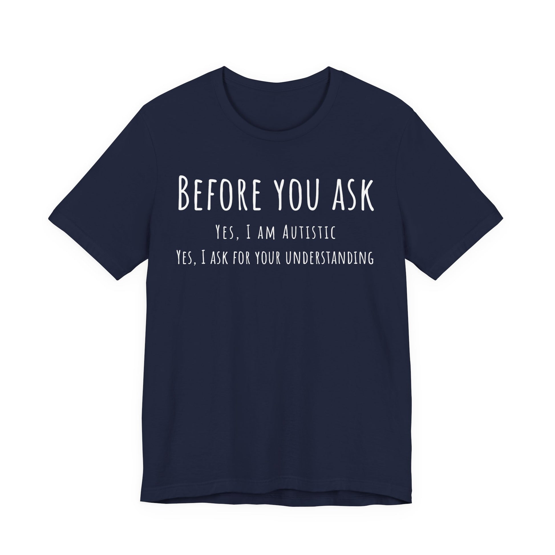 Navy blue t-shirt with white text on a white background