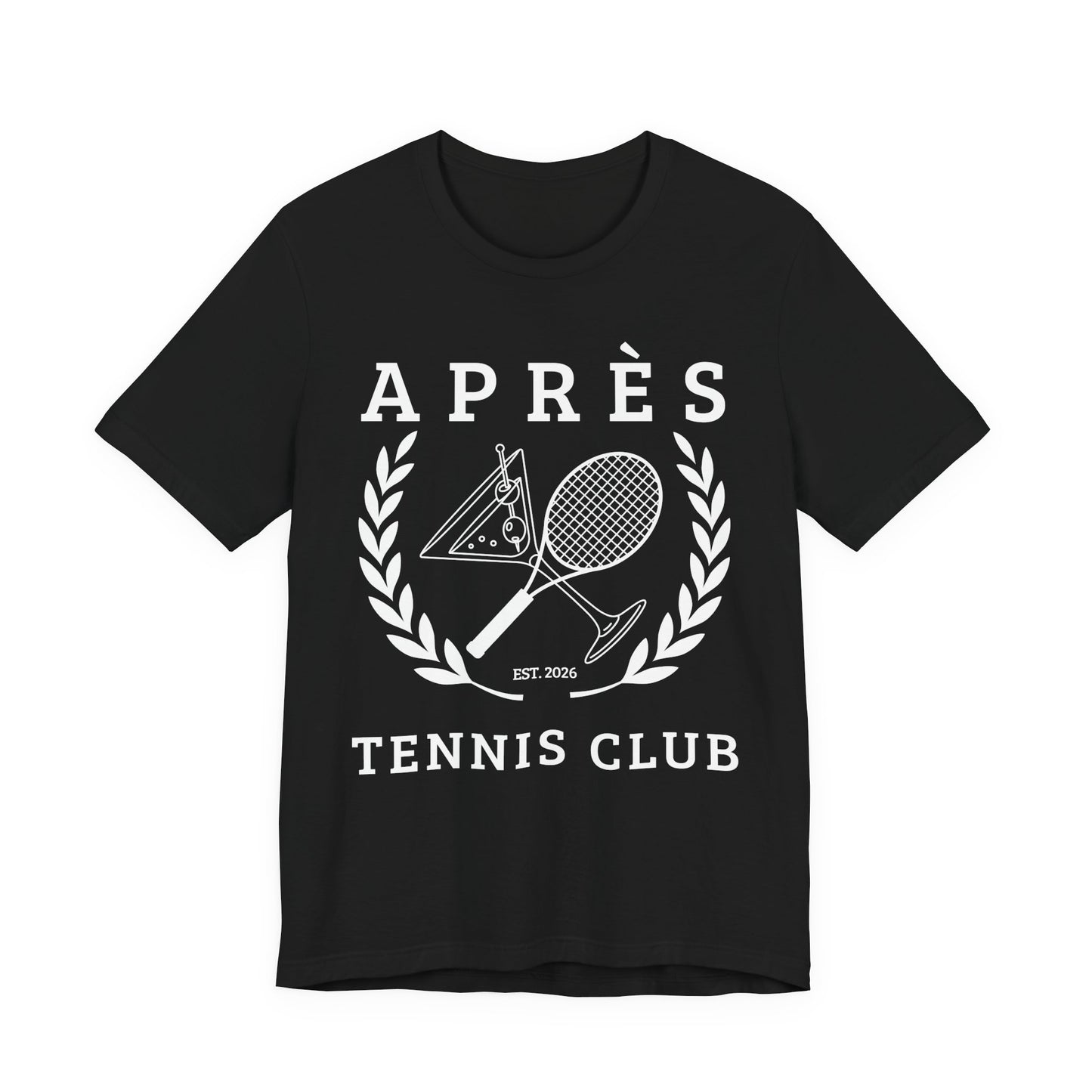 Tennis Club Shirt Black t-shirt with white tennis club graphic and text on a white background