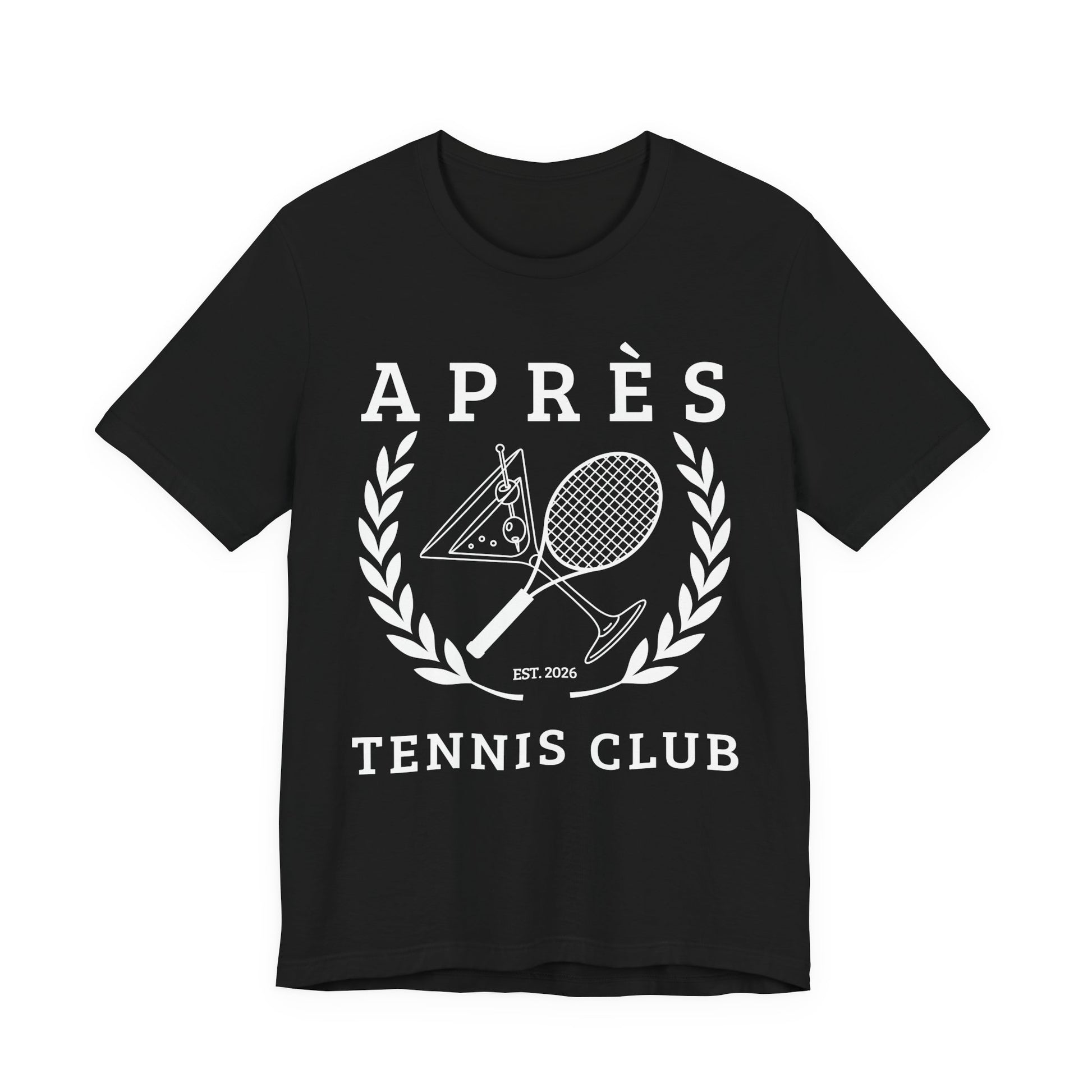 Tennis Club Shirt Black t-shirt with white tennis club graphic and text on a white background