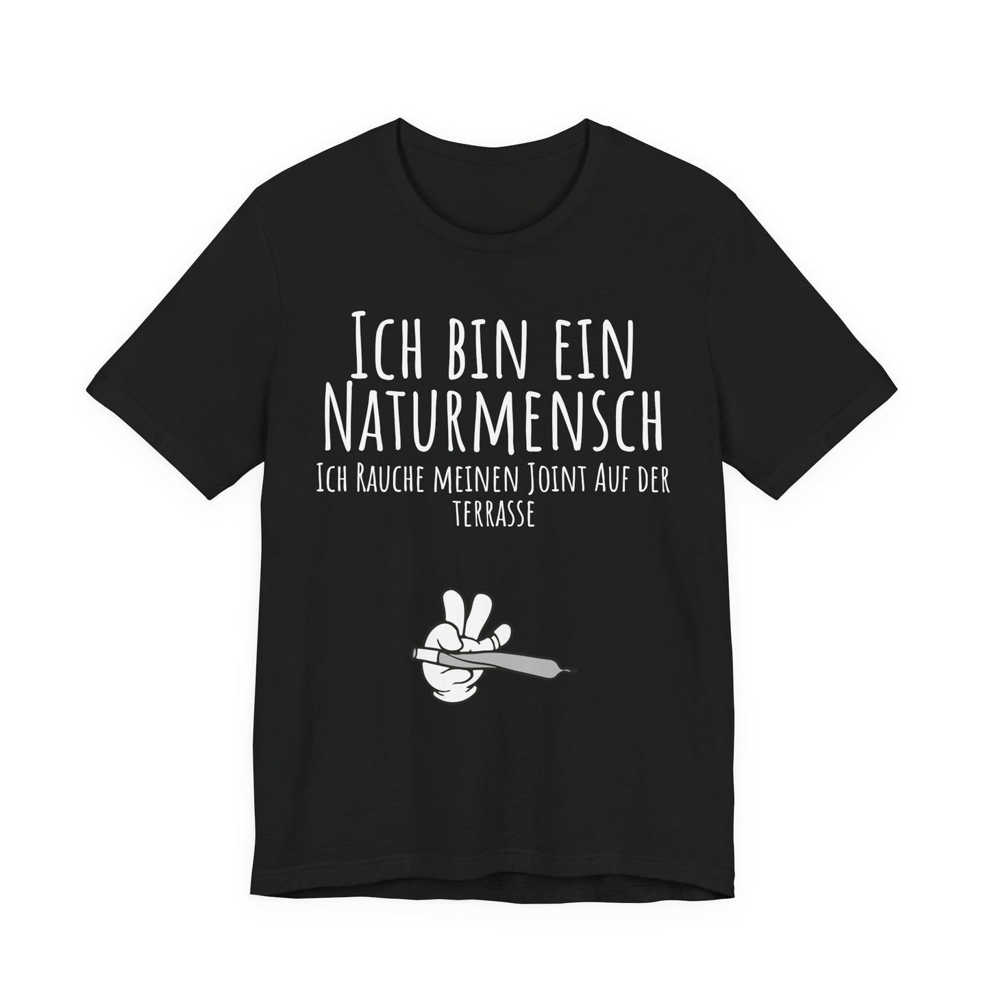 Black t-shirt with white text and graphic on a white background