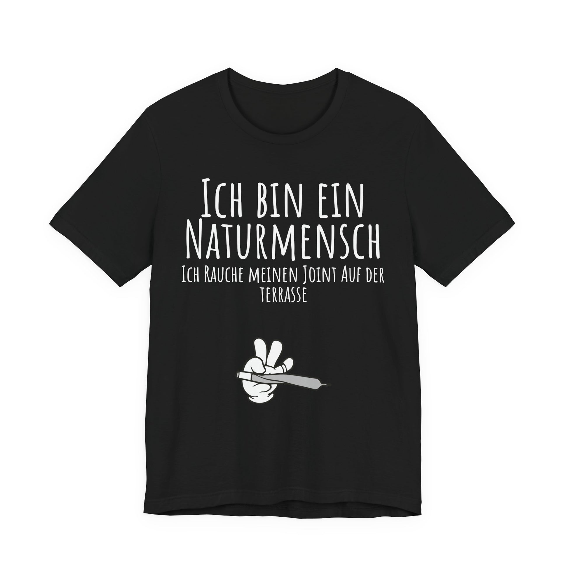 Black t-shirt with white text and graphic on a white background