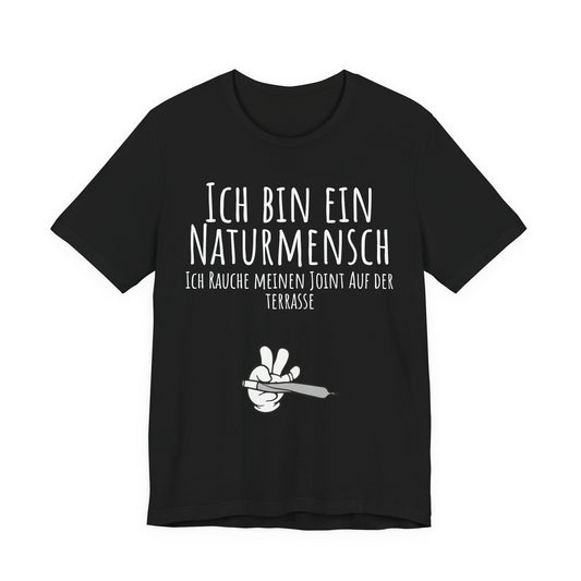 Black t-shirt with white text and graphic on a white background