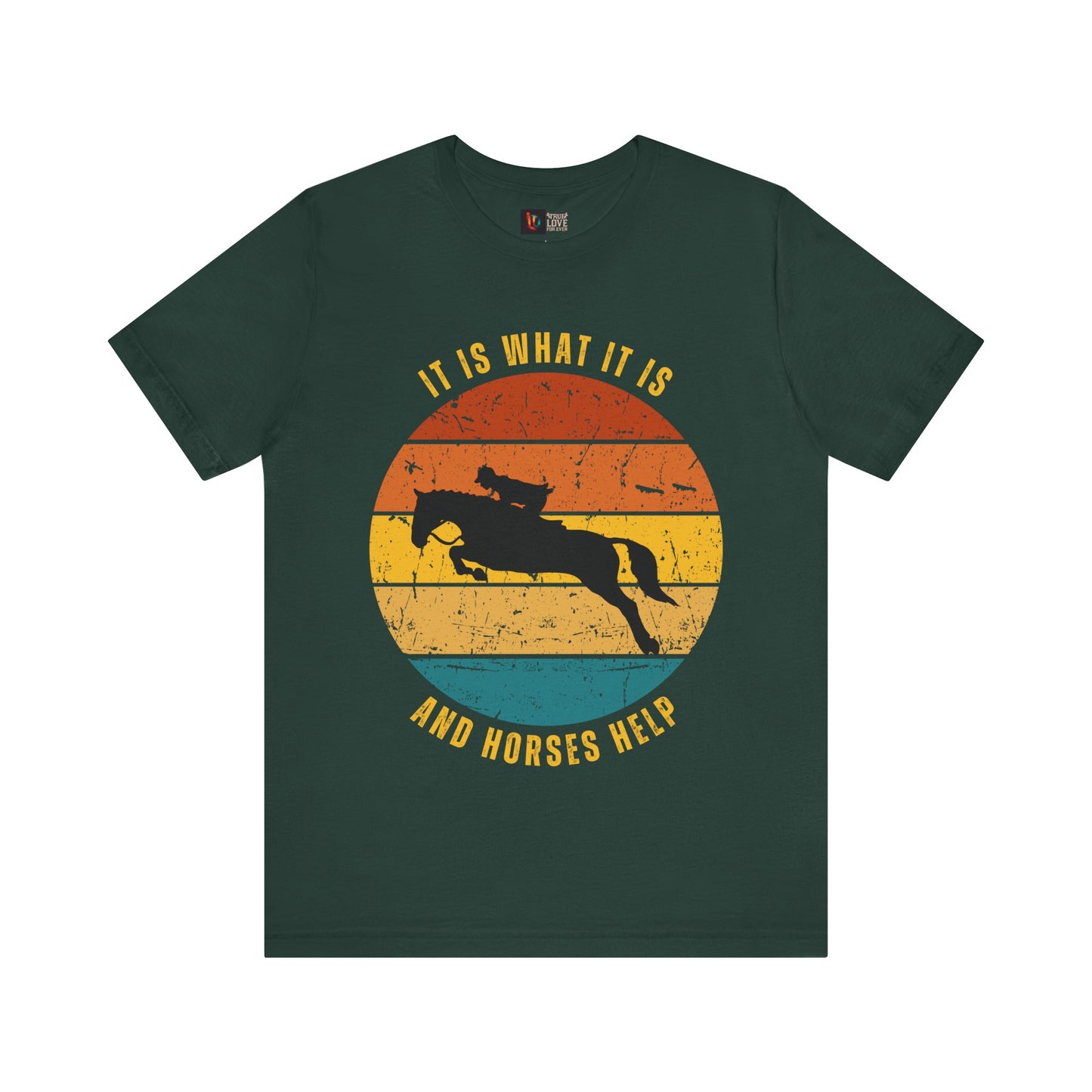 Green t-shirt with a horse graphic and text on a white background