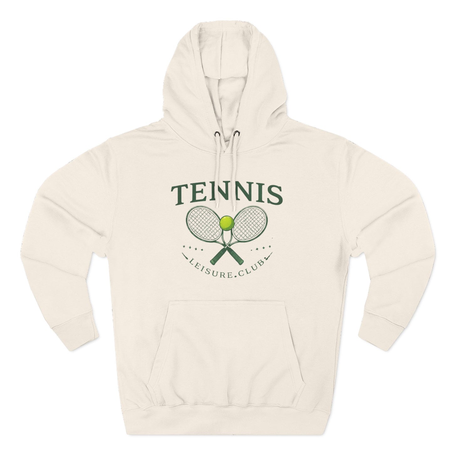 Beige hoodie with tennis-themed design on a white background