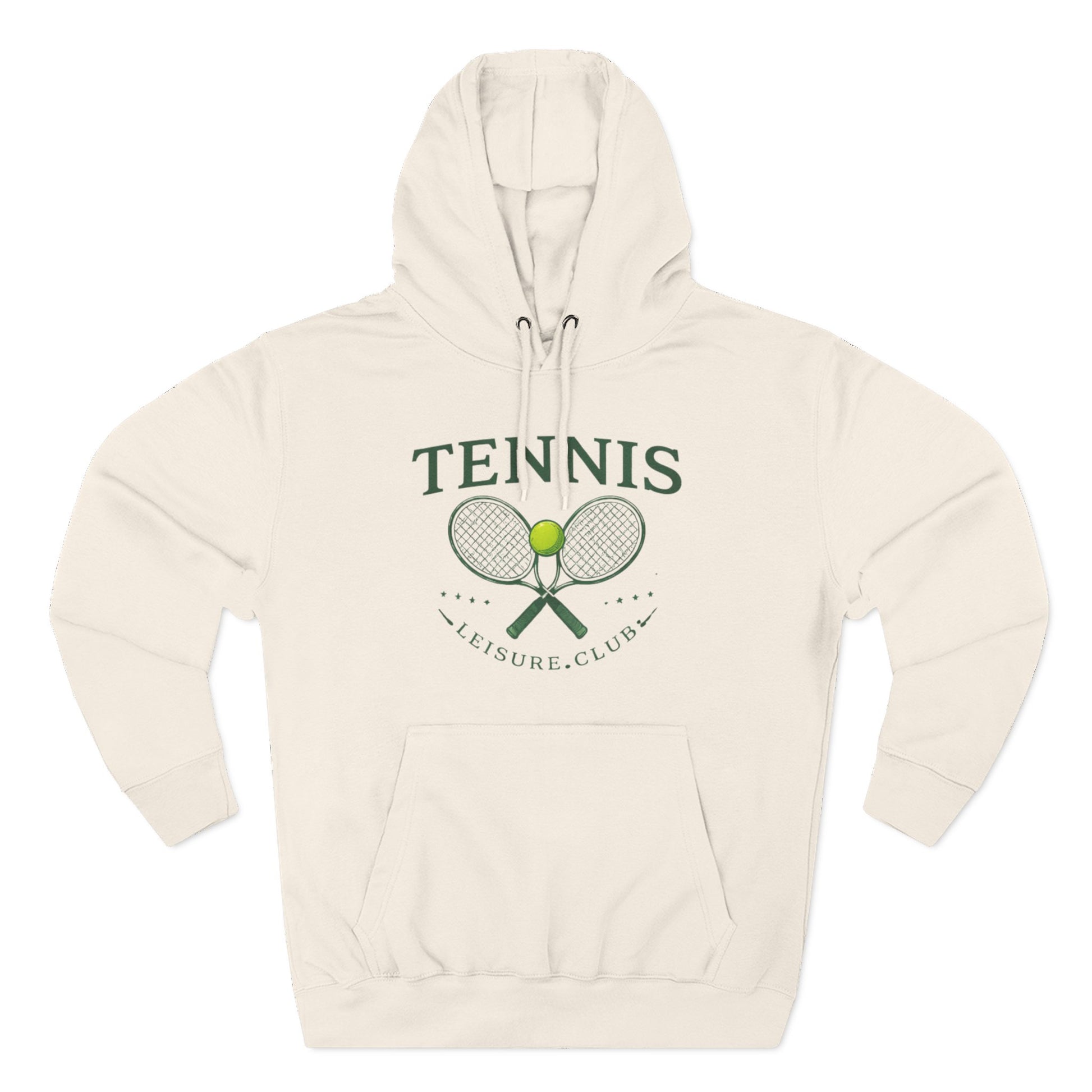 Beige hoodie with tennis-themed design on a white background