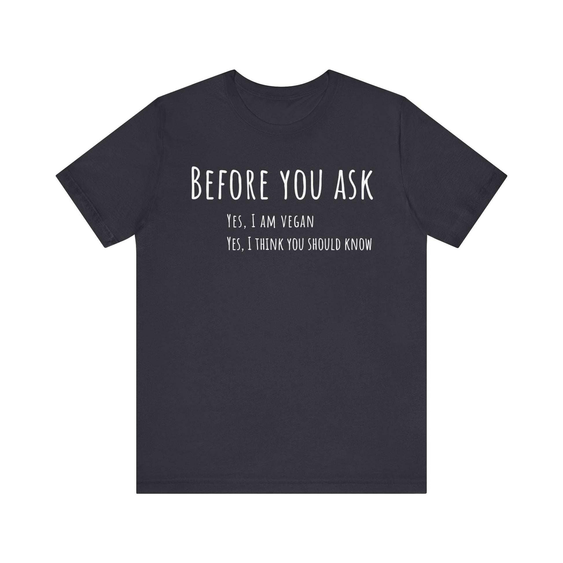 Black t-shirt with white text on a white background