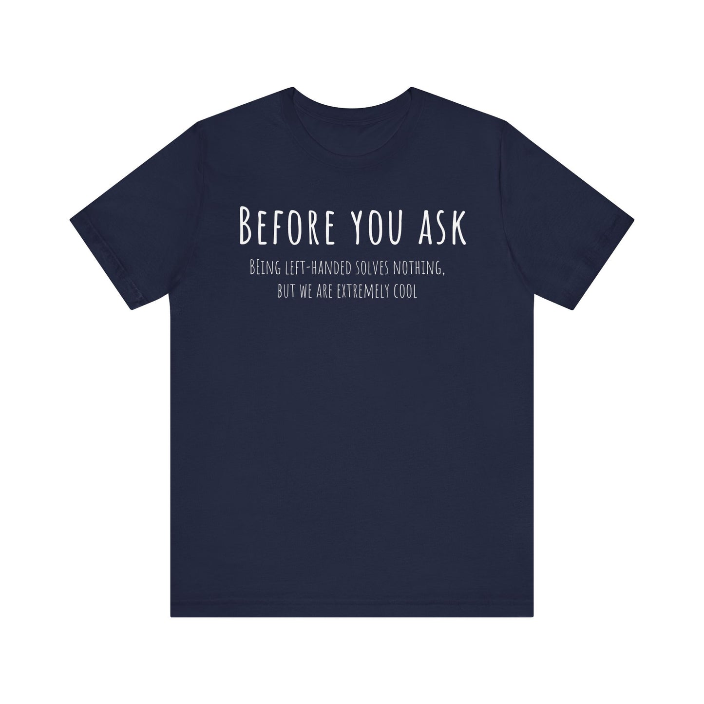 Navy blue t-shirt with white text on a white background