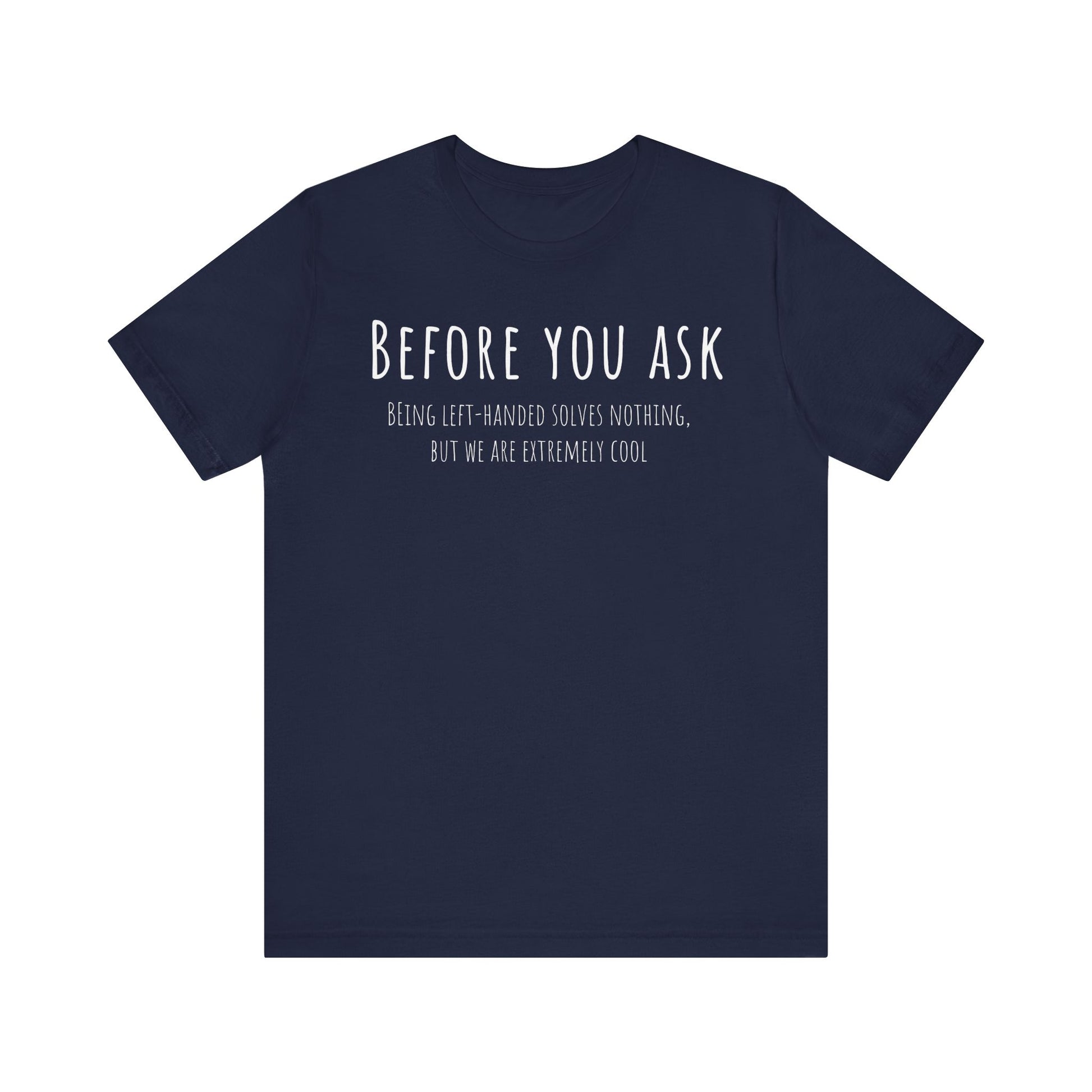 Navy blue t-shirt with white text on a white background
