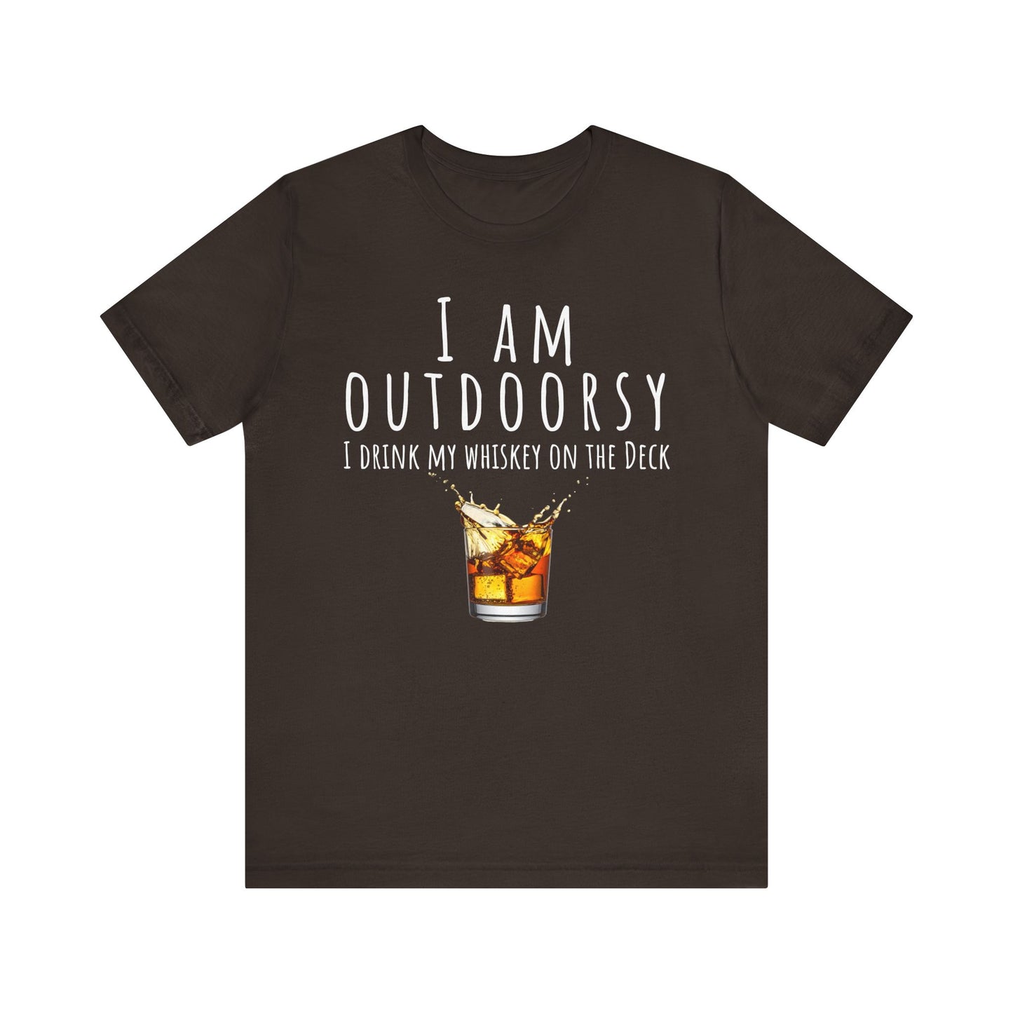 Brown t-shirt with whiskey graphic and text on a white background