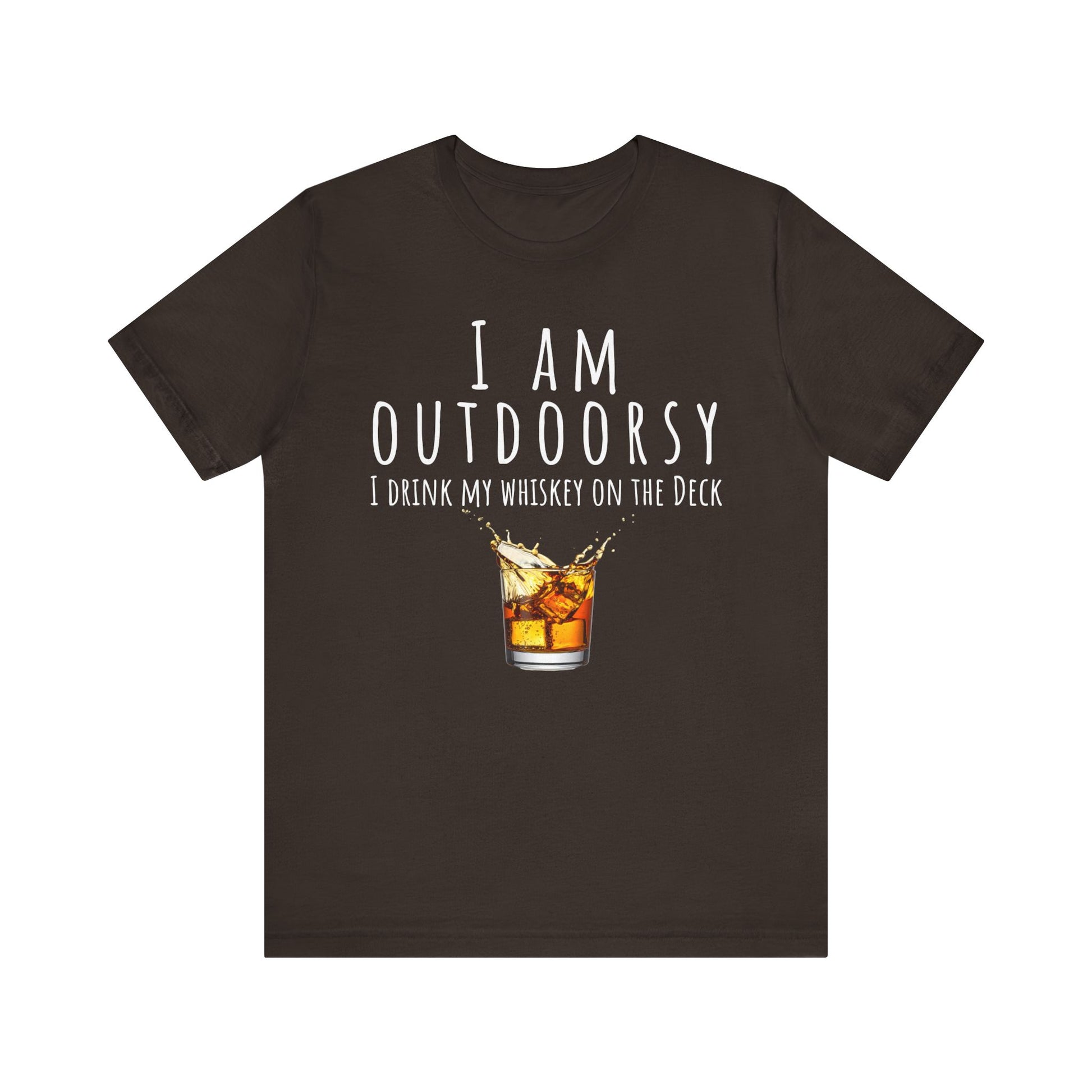 Brown t-shirt with whiskey graphic and text on a white background