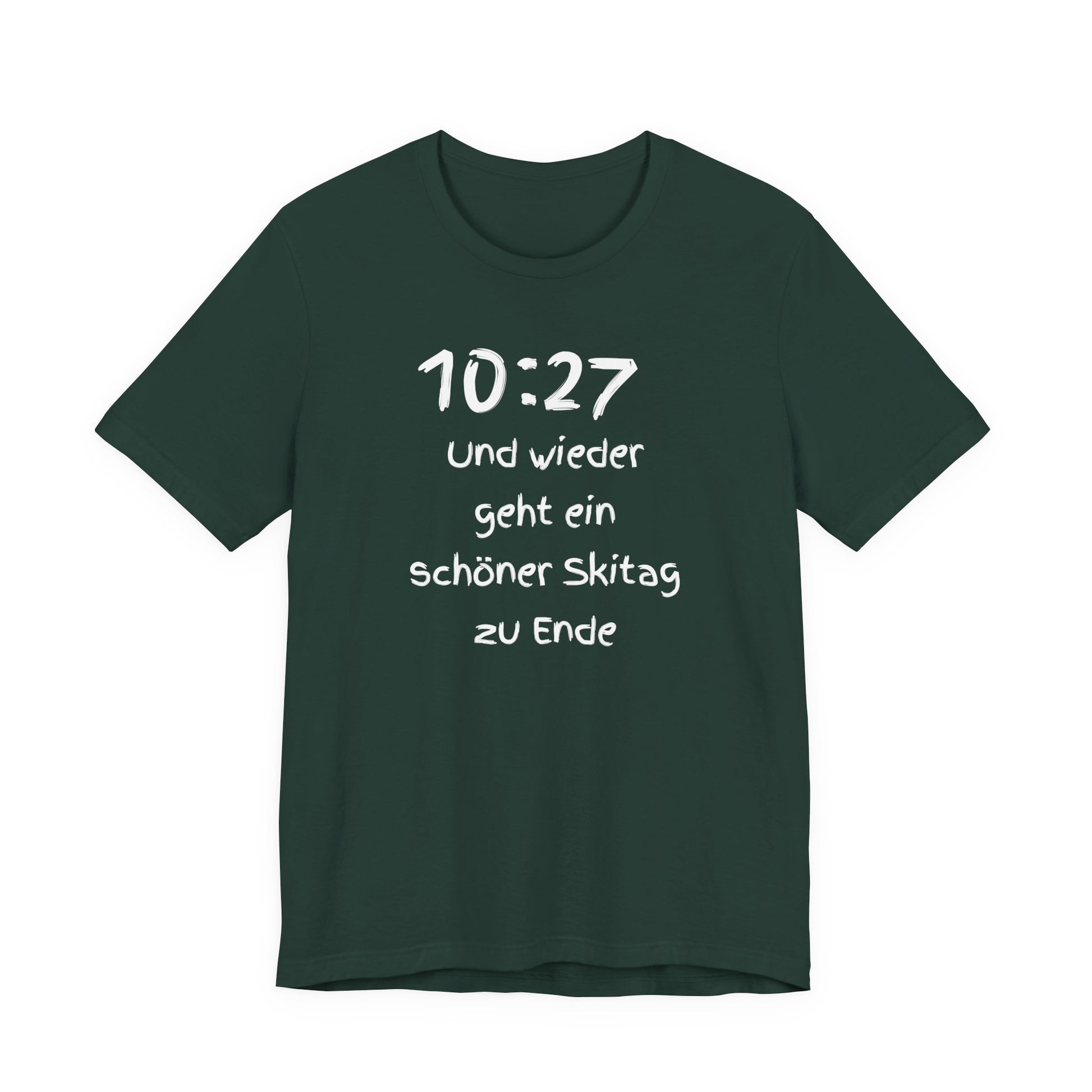 Green t-shirt with white text on a white background