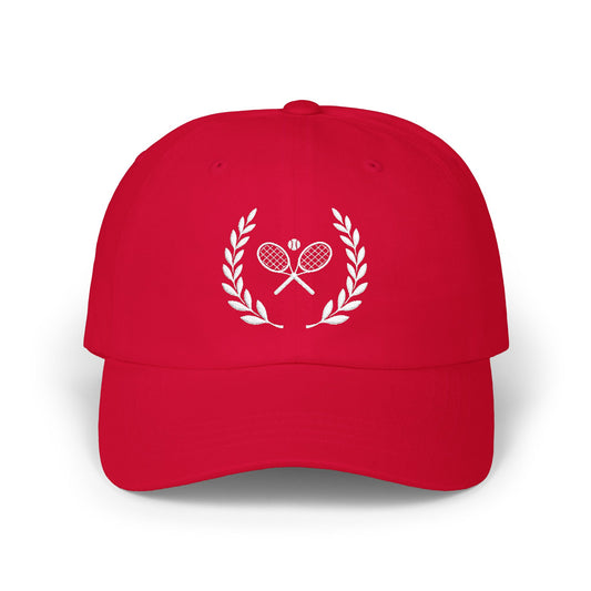 Baseball cap red for tennis player Red cap with floral design and 'gigi' text on a white background