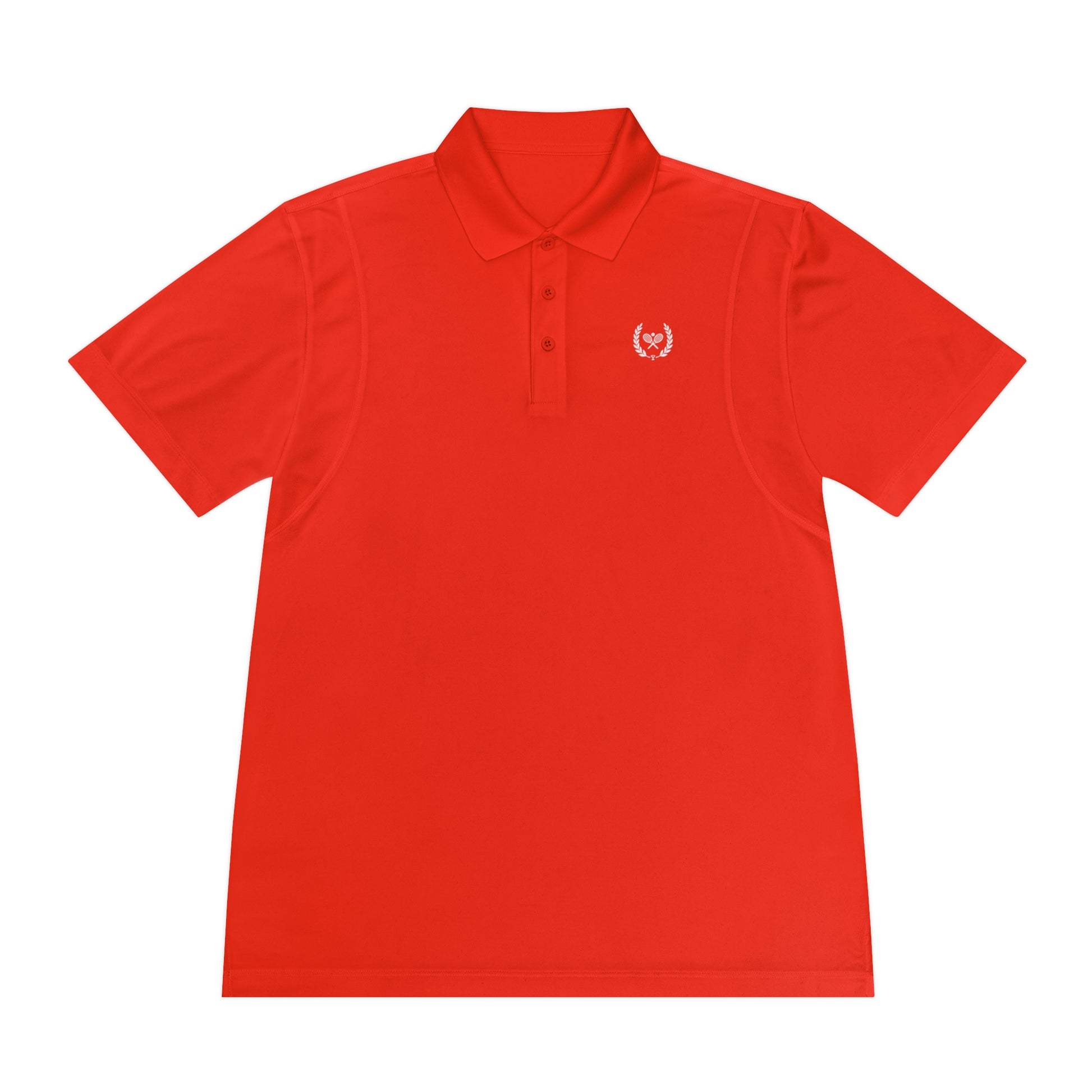 Red polo shirt with a small white logo on a white background