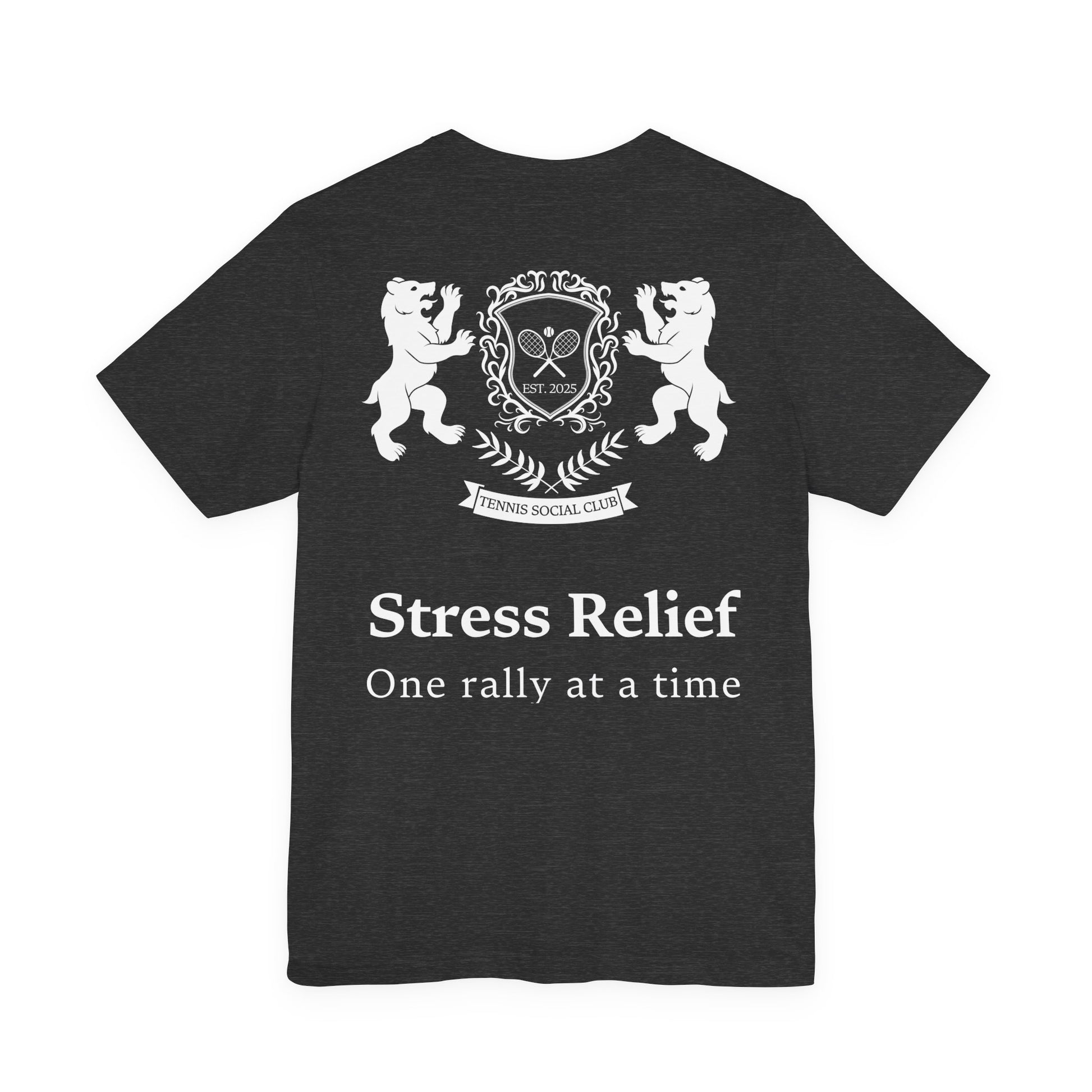 Black t-shirt with white graphic and text on a white background