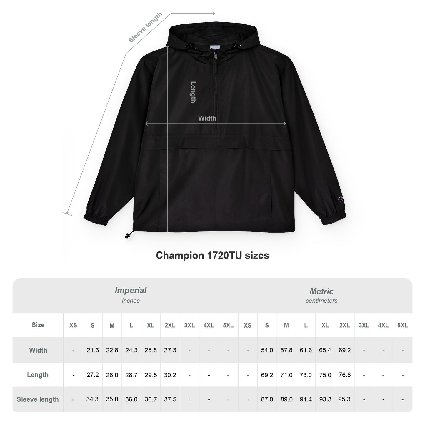 Tennis jacket Black jacket with measurement lines and Champion logo, displayed with size chart below.