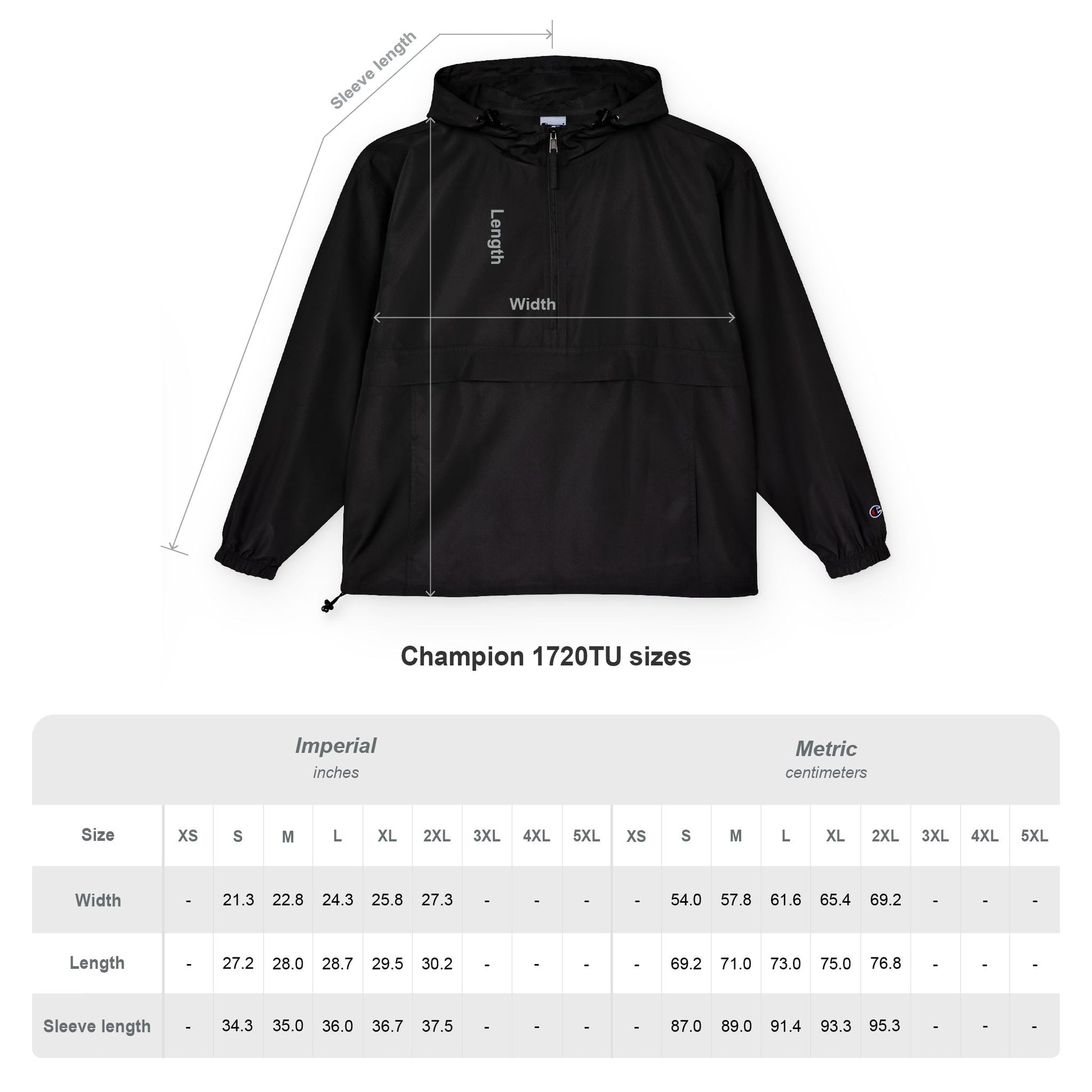 Tennis jacket Black jacket with measurement lines and Champion logo, displayed with size chart below.