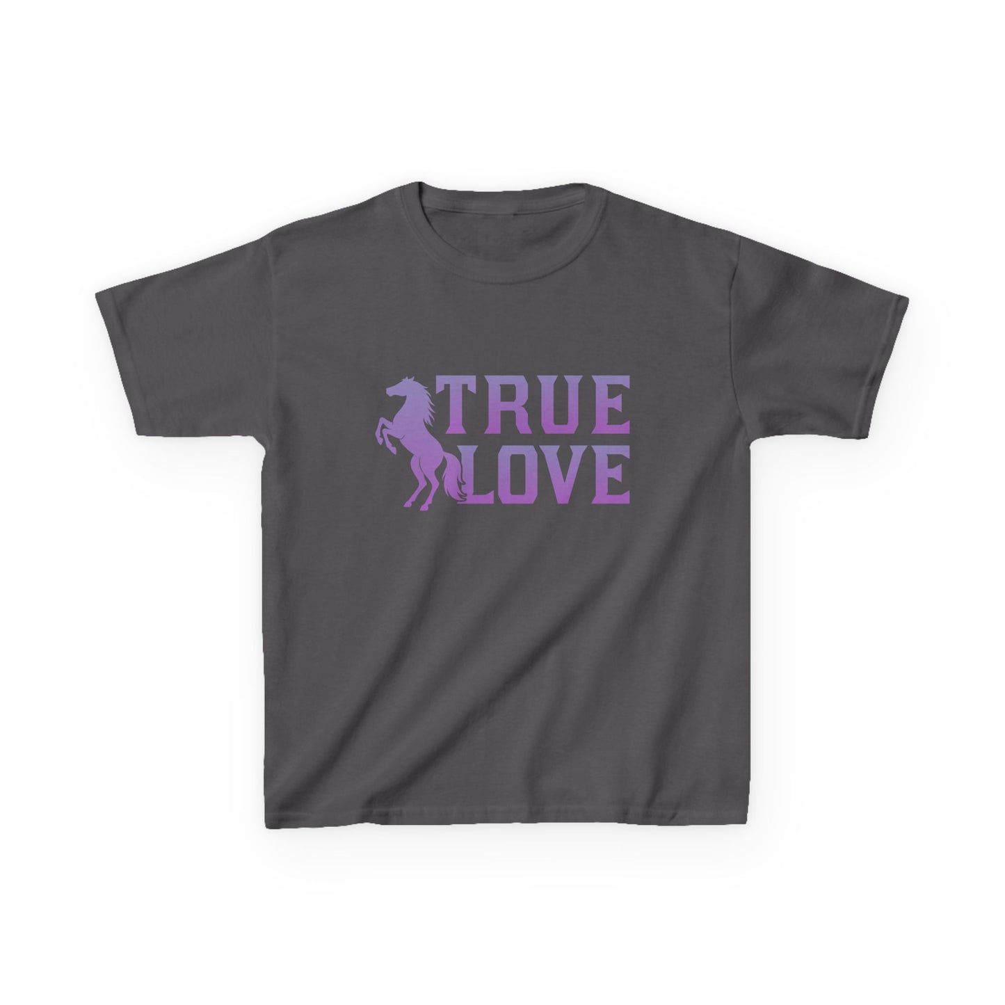 Gray t-shirt with 'True Love' text and horse graphic on a white background