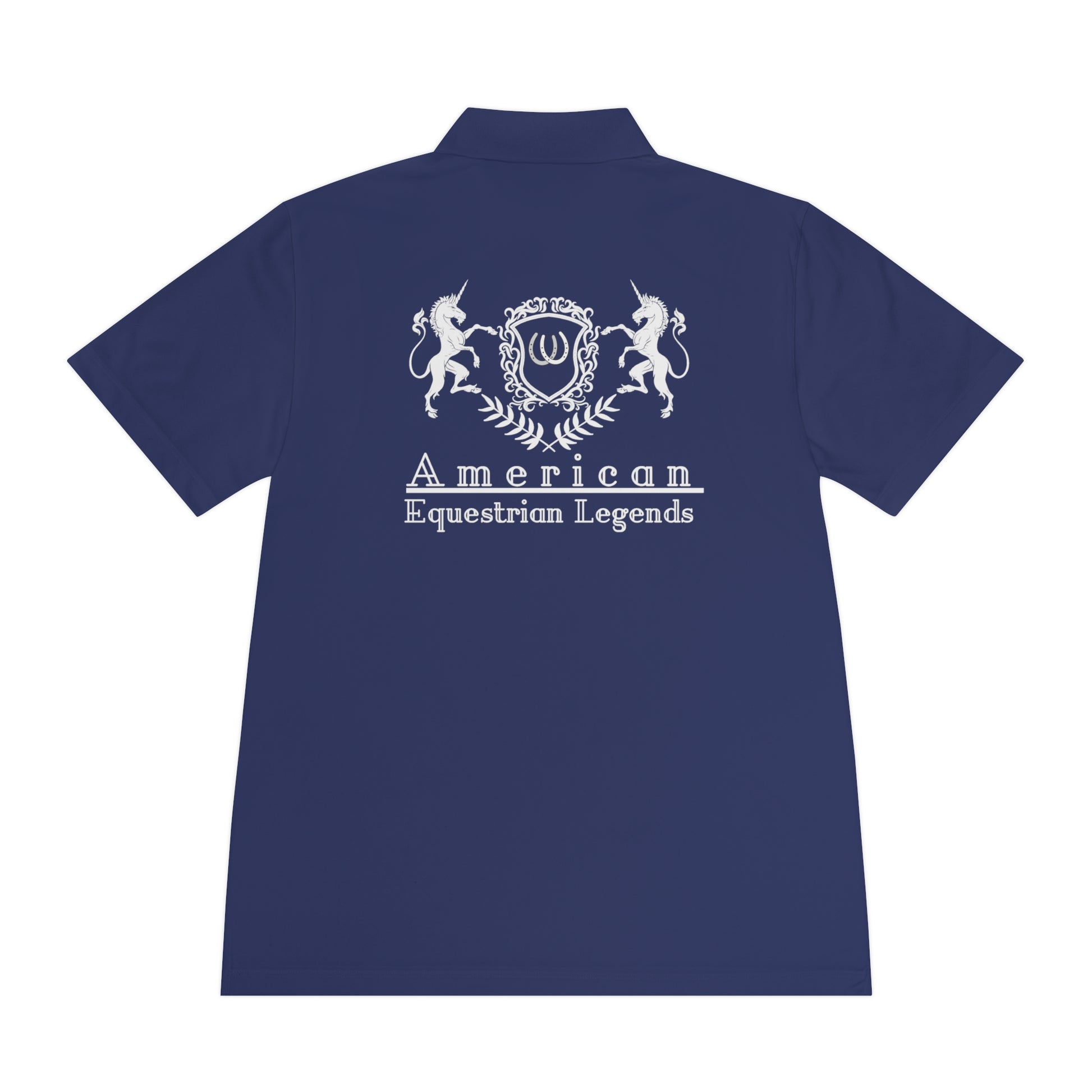 Navy blue polo shirt with 'American Equestrian Legends' logo on the back