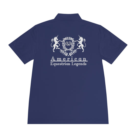 Navy blue polo shirt with 'American Equestrian Legends' logo on the back