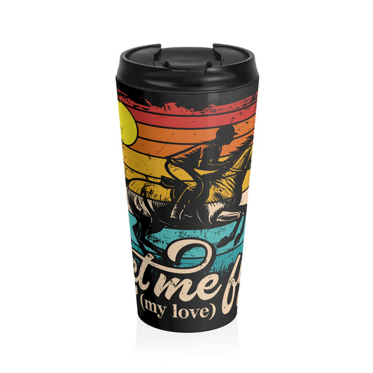 Travel mug with artistic design and text on a white background