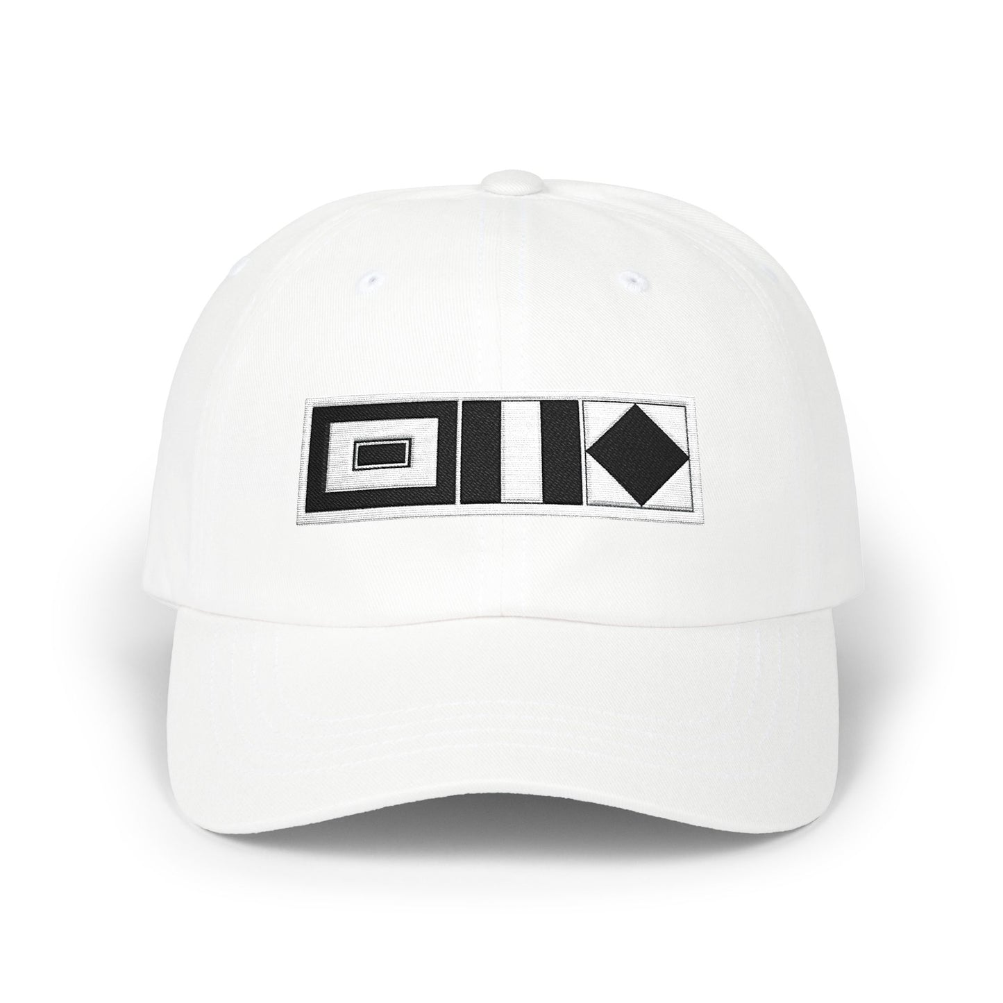 Sailing Cap White baseball cap with black geometric logo on a white background