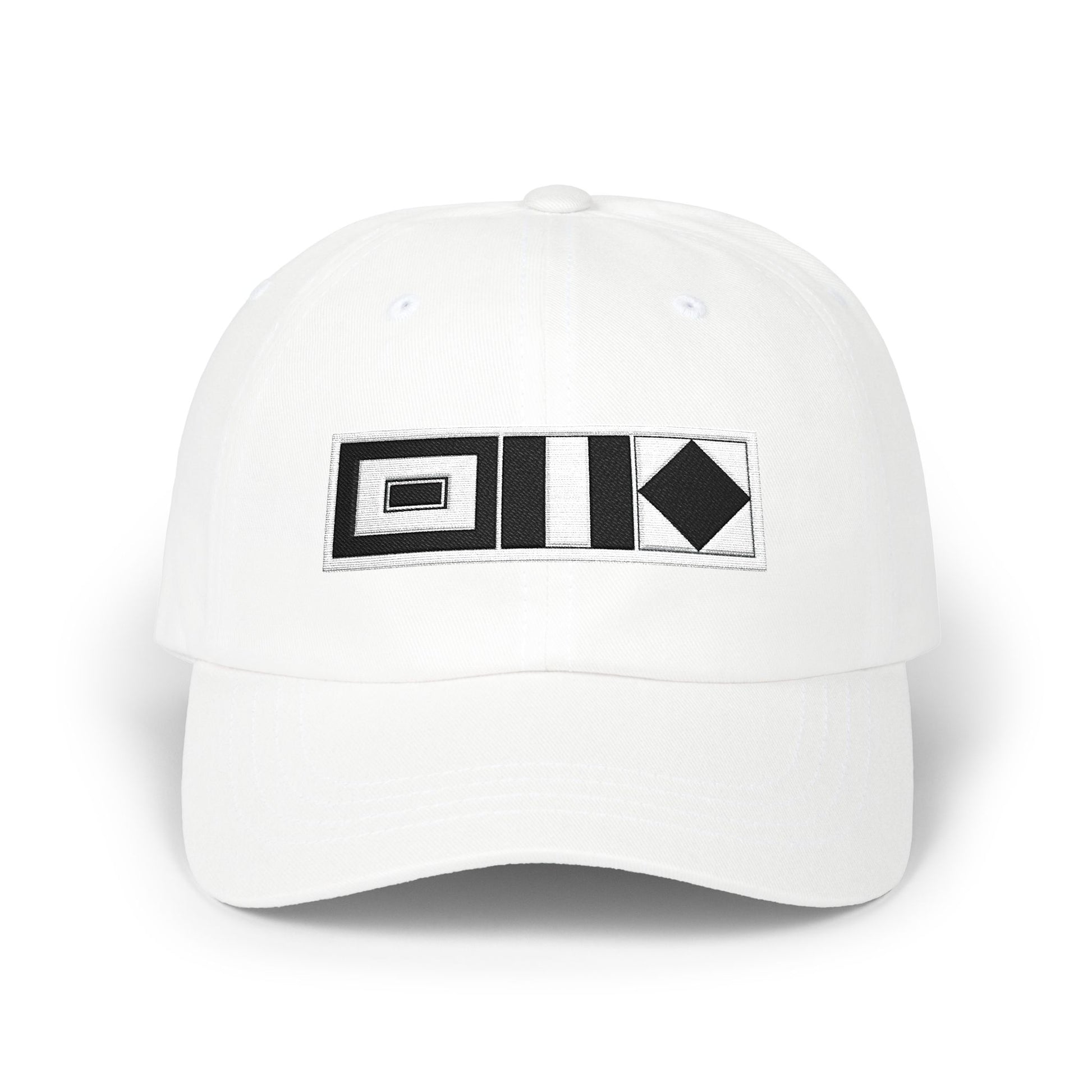 Sailing Cap White baseball cap with black geometric logo on a white background
