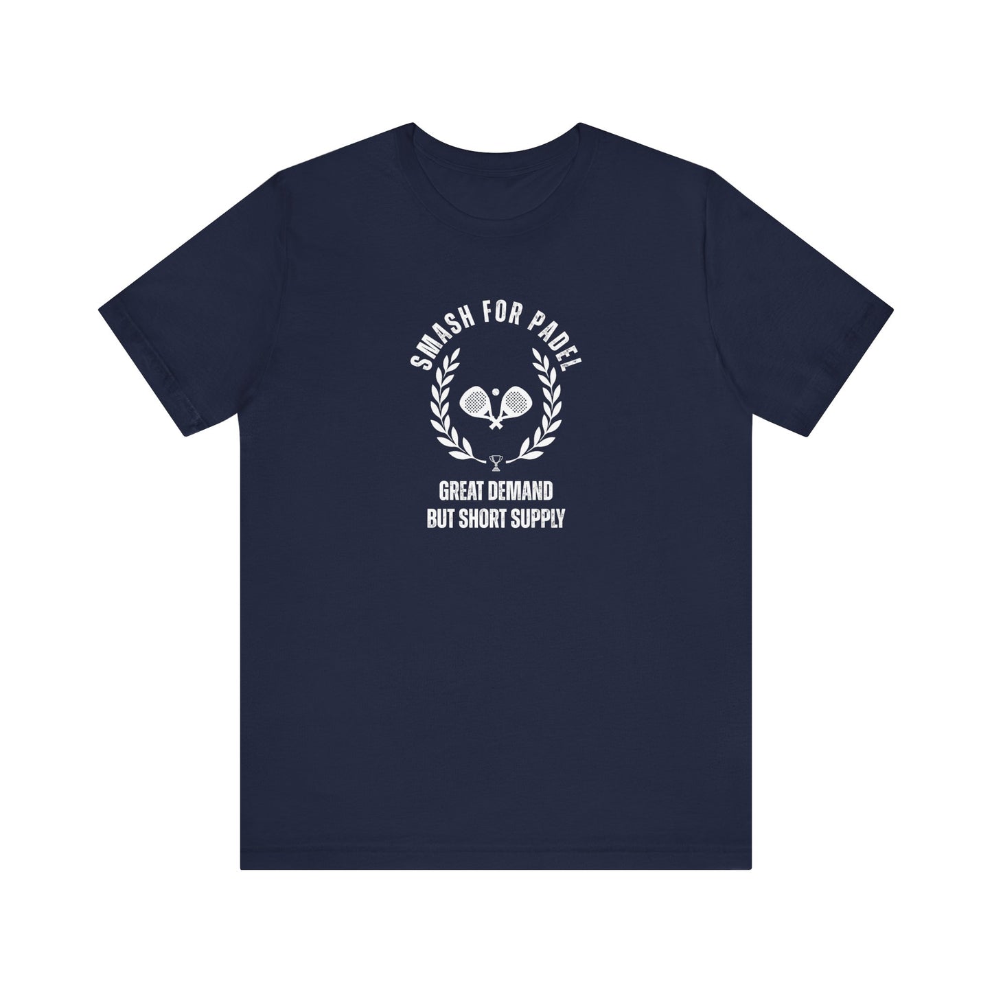 Navy blue t-shirt with white graphic and text on a white background